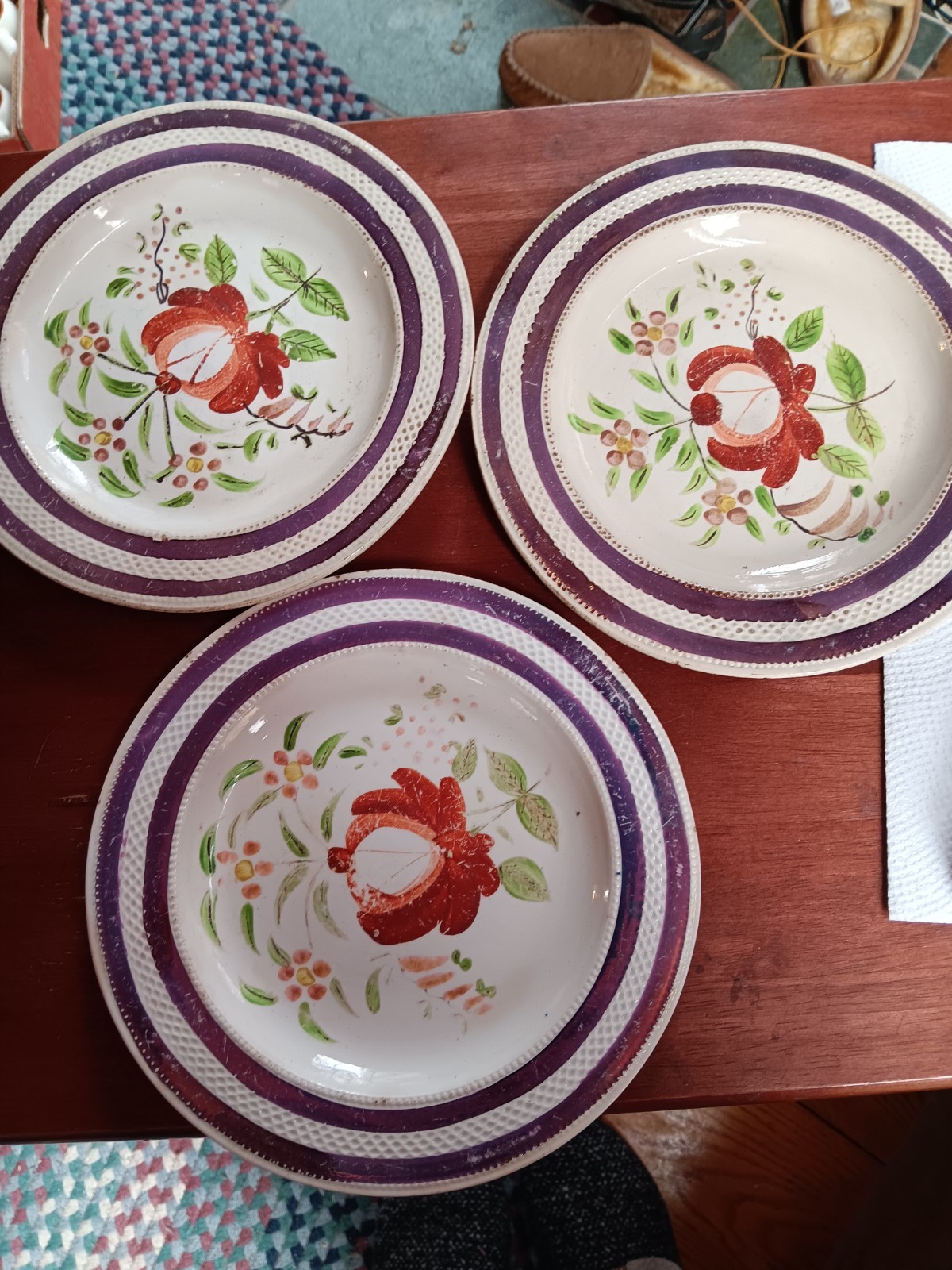3 Antique English Creamware Pearlware 7.5 " Plates King's Rose 19th c. #2091 3 Antique English Creamware Pearlware 7.5 " Plates King's Rose 19th c. #2091