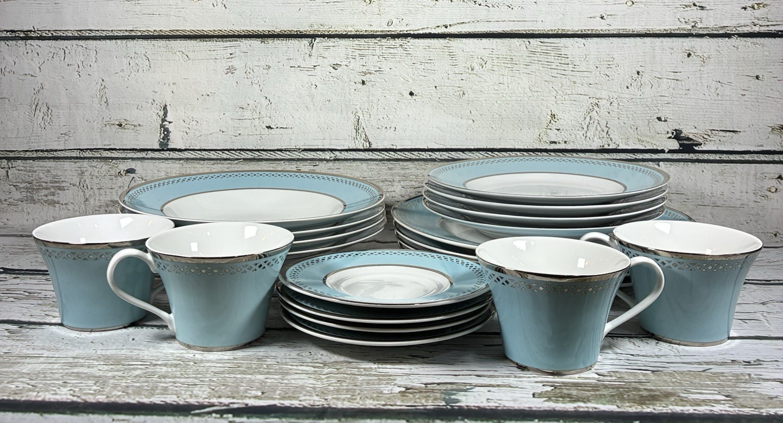 Rare ✨ 222 Fifth Ashford Blue/ Teal Platinum Trim 20 Piece Porcelain Full set 4