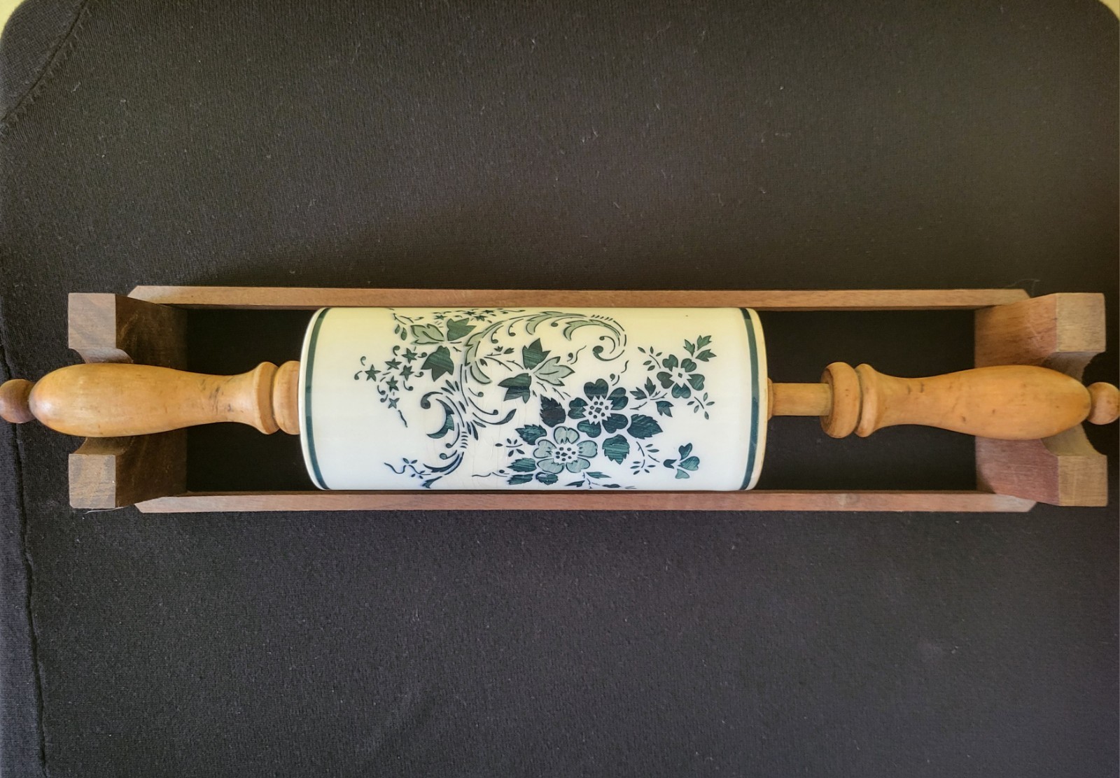 Antique White Ceramic Rolling Pin with Floral Motif and Wood Spindle Handle Antique White Ceramic Rolling Pin with Floral Motif and Wood Spindle Handle