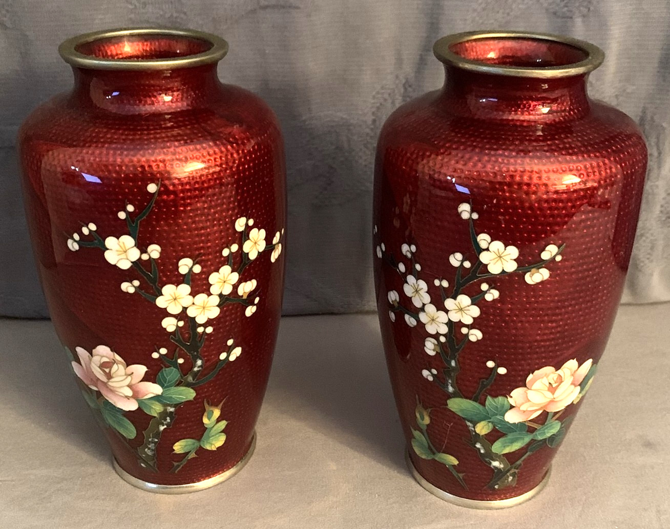 Pair of Vintage Japan SATO Cloisonne Floral Design Vases Pair of Vintage Japan SATO Cloisonne Floral Design Vases