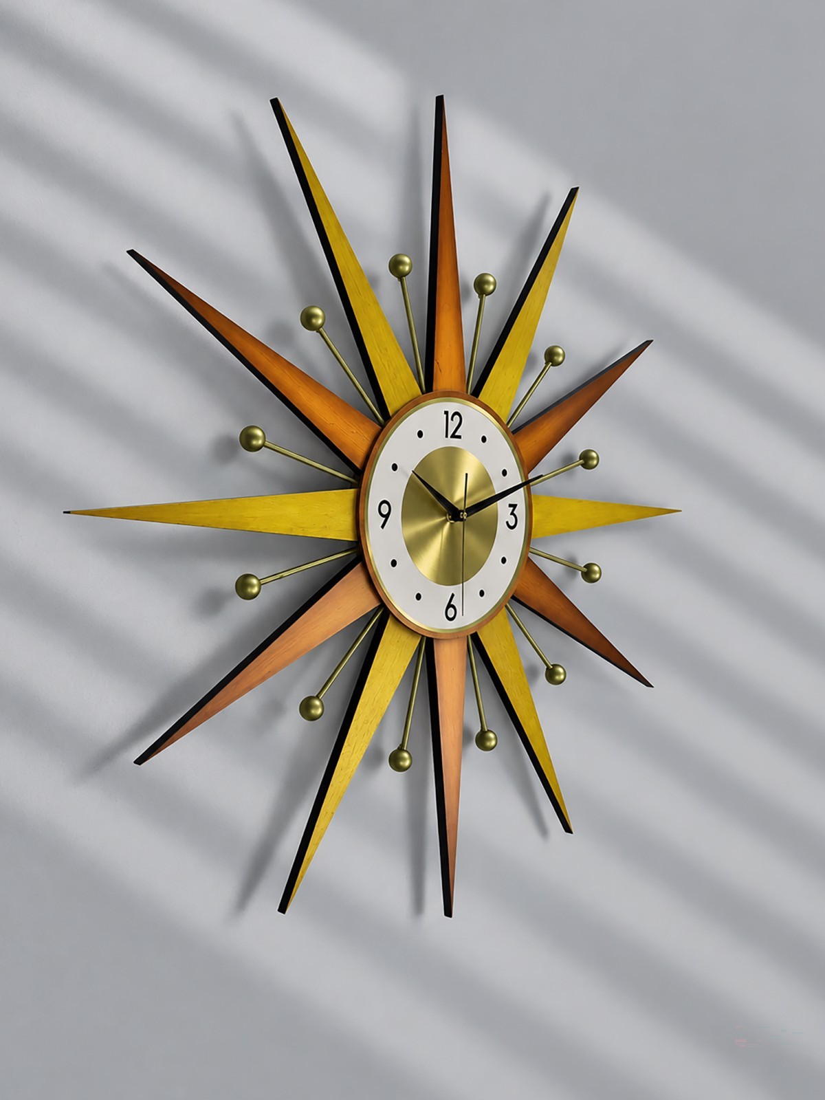 Handmade Orange Sunburst Wall Clock Mid Century Modern Gold Silent Retro Decor Handmade Orange Sunburst Wall Clock Mid Century Modern Gold Silent Retro Decor