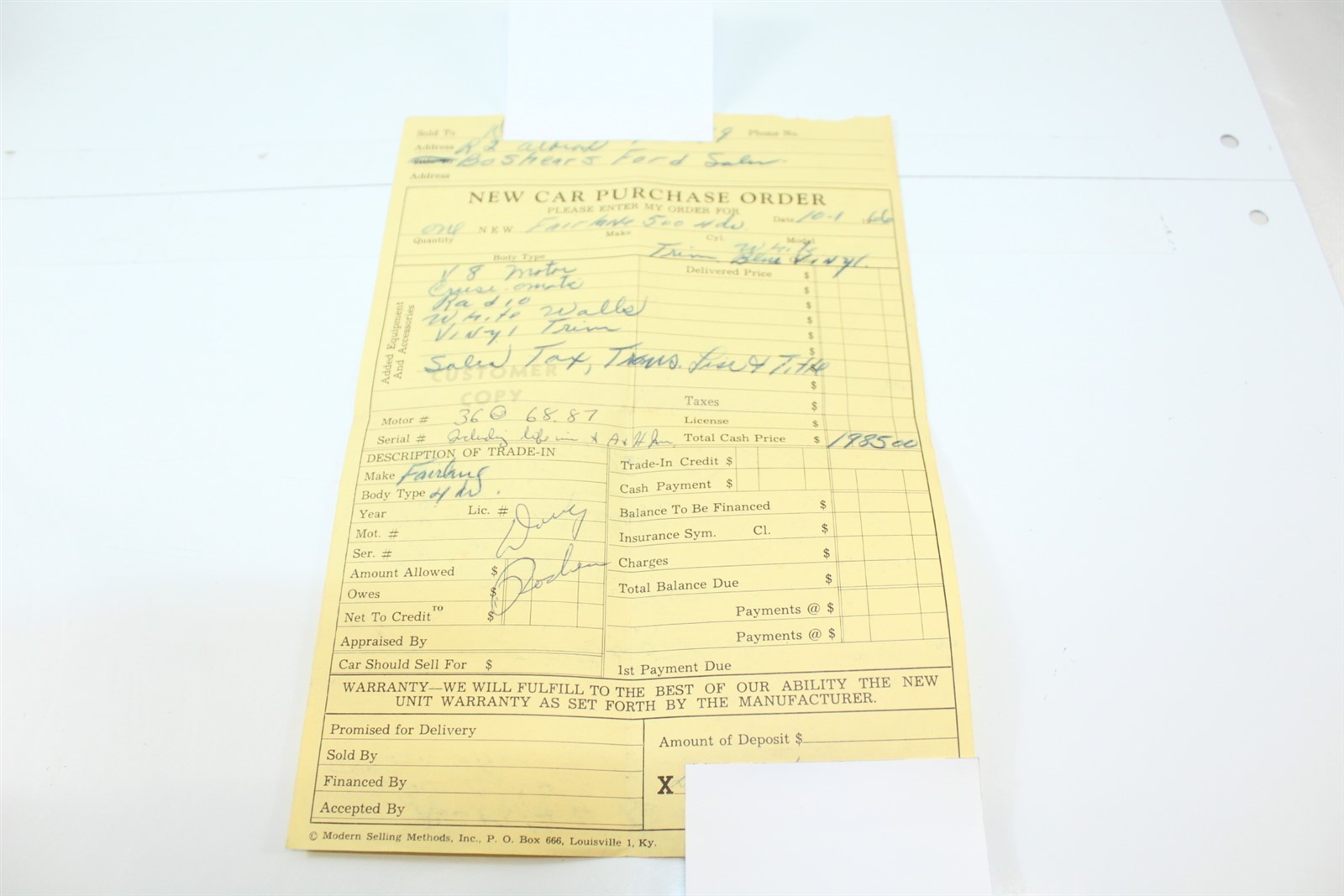 Vintage 1966 New Car Purchase Order Carbon Copy 4 Door Fairland 500 