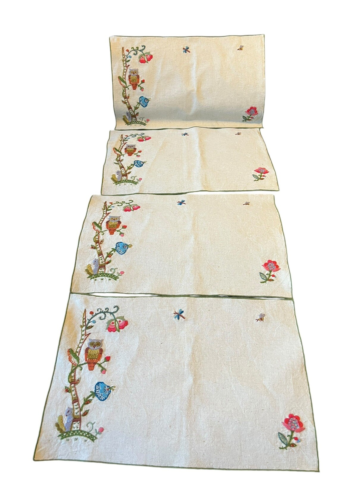 vintage embroidered placemats set Of 4 Lot Owl Flowers Squirrel Spring