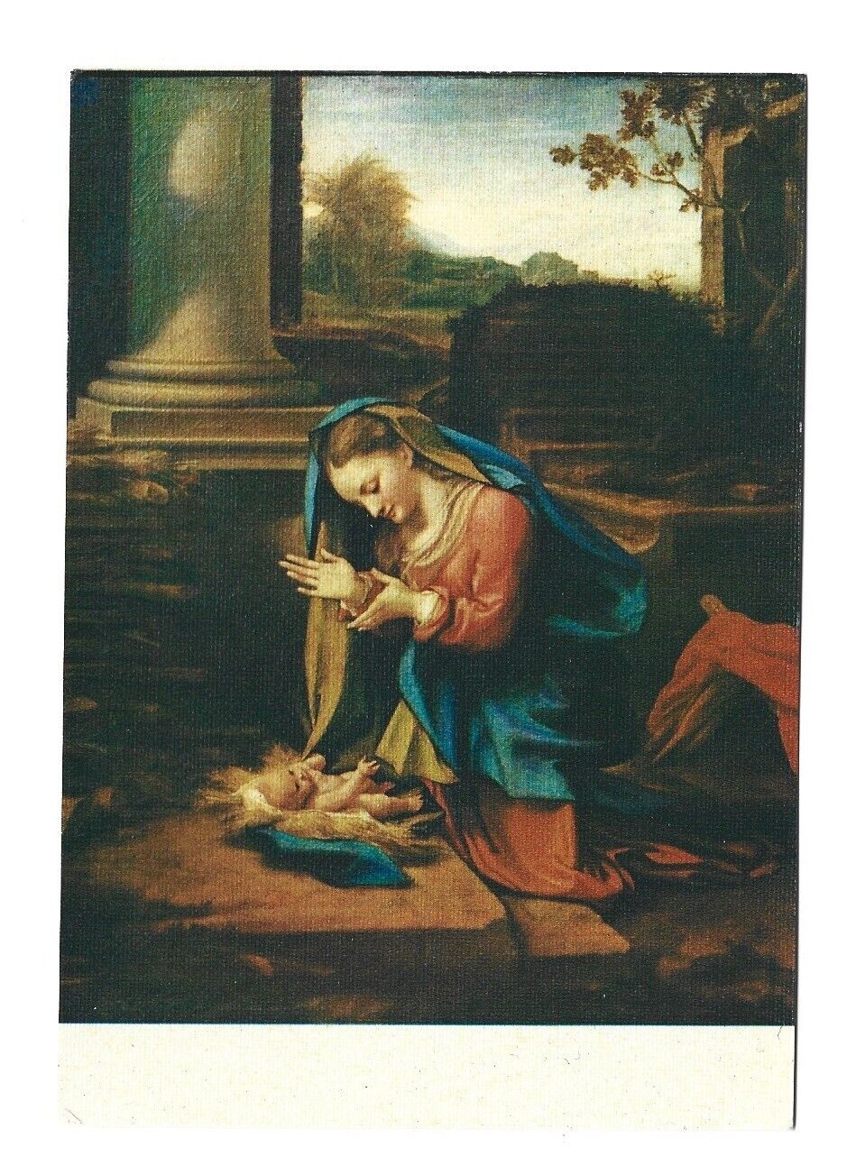 Linen Postcard ~ Madonna Adoring Child ~ Mary & Baby Jesus ~ Beautiful  card.