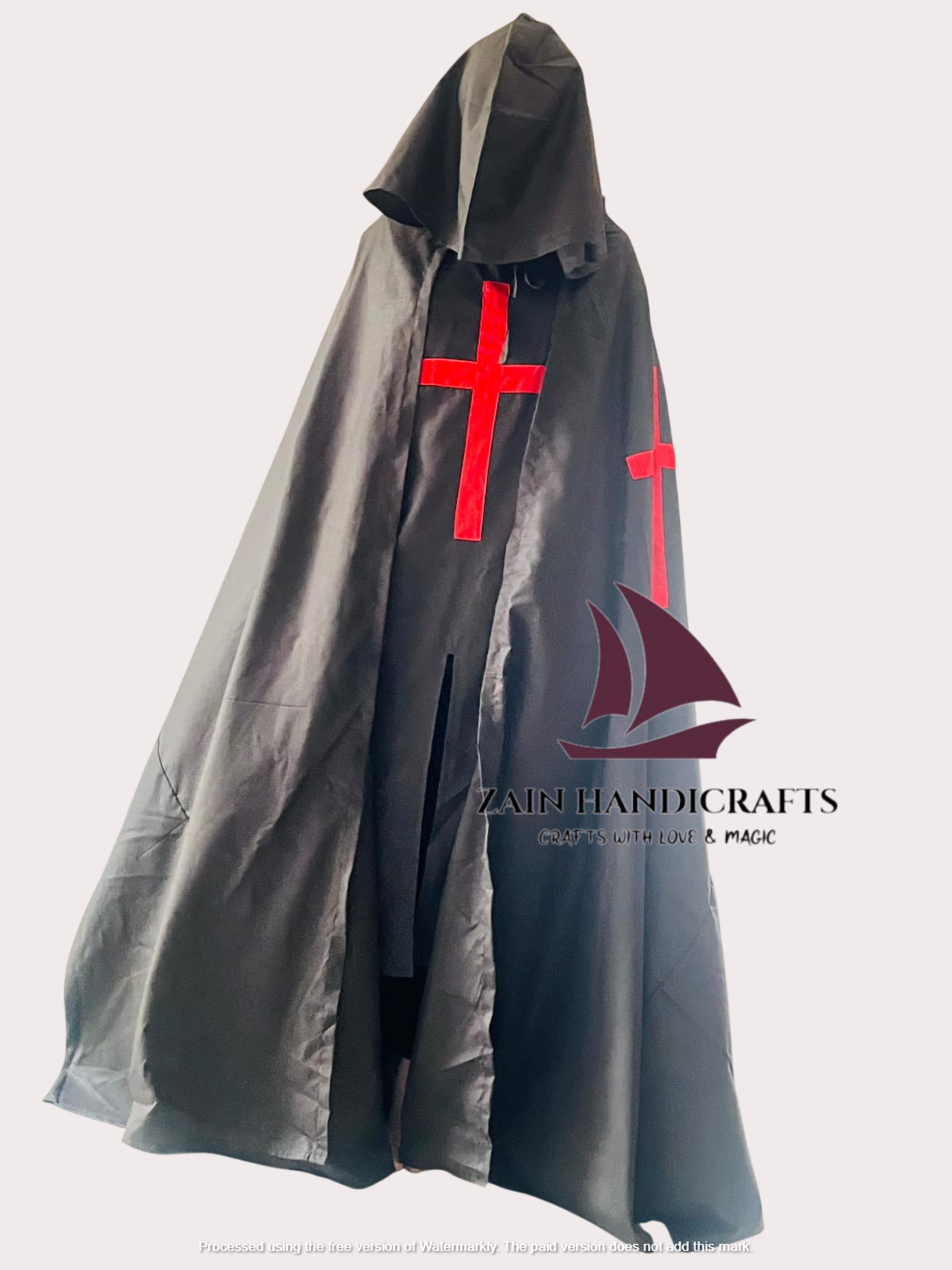 ZAIN Black Hooded Cloak with Red Cross Gothic Medieval Cape Cosplay & Halloween ZAIN Black Hooded Cloak with Red Cross Gothic Medieval Cape Cosplay & Halloween