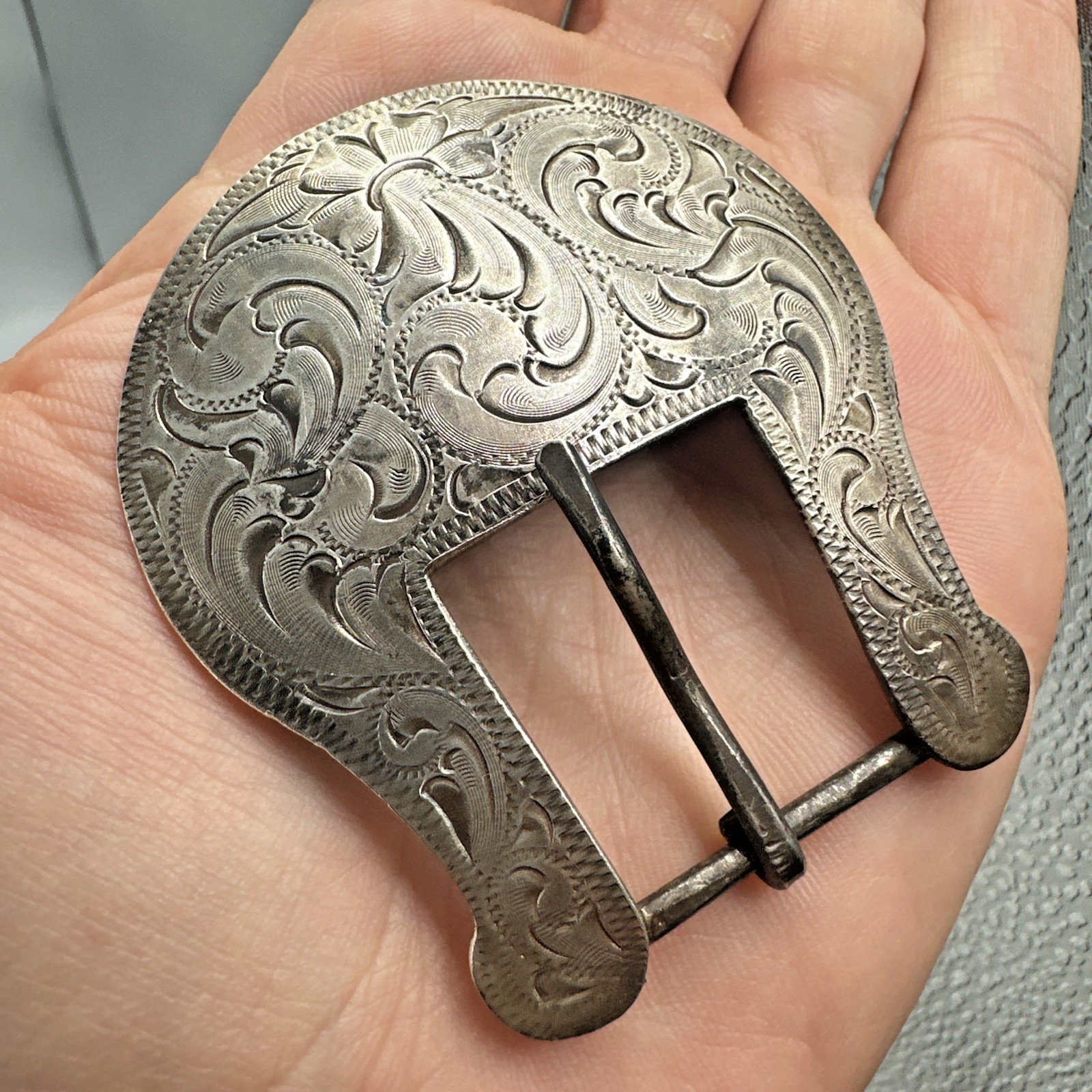 Vtg Sterling Silver 29.7g Western Ranger Etched Design Belt Buckle ~0.8” Belt Vtg Sterling Silver 29.7g Western Ranger Etched Design Belt Buckle ~0.8” Belt