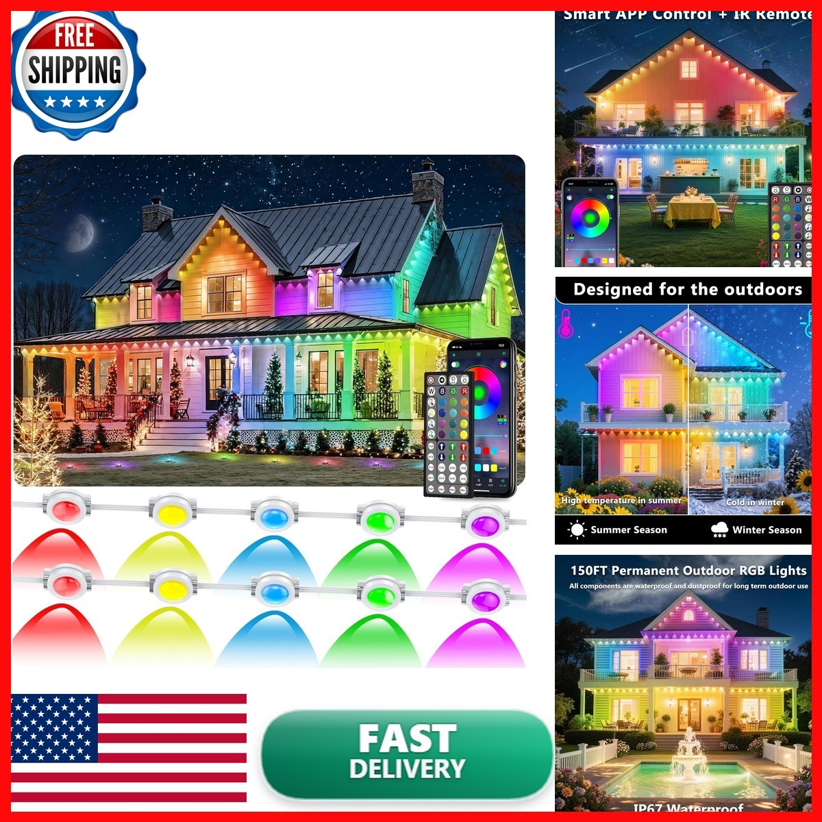 CETELUMA 300FT Permanent Outdoor RGB Lights, IP67 Waterproof Smart Eave CETELUMA 300FT Permanent Outdoor RGB Lights, IP67 Waterproof Smart Eave