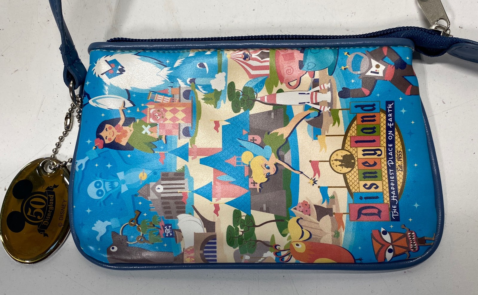 Disney Disneyland 50th Anniversary Wristlet Pouch Tinker Bell Medallion Tag