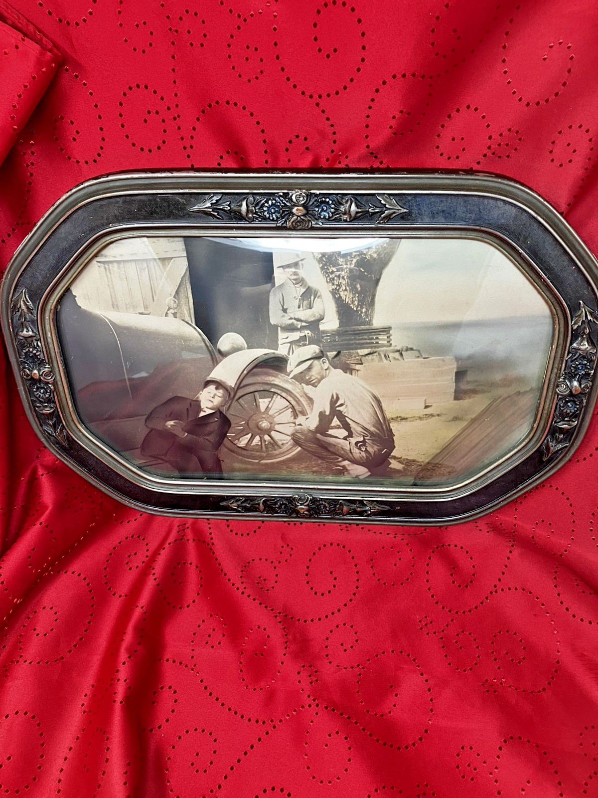Antique convex bubble glass ornate frame & old car photograph Antique convex bubble glass ornate frame & old car photograph
