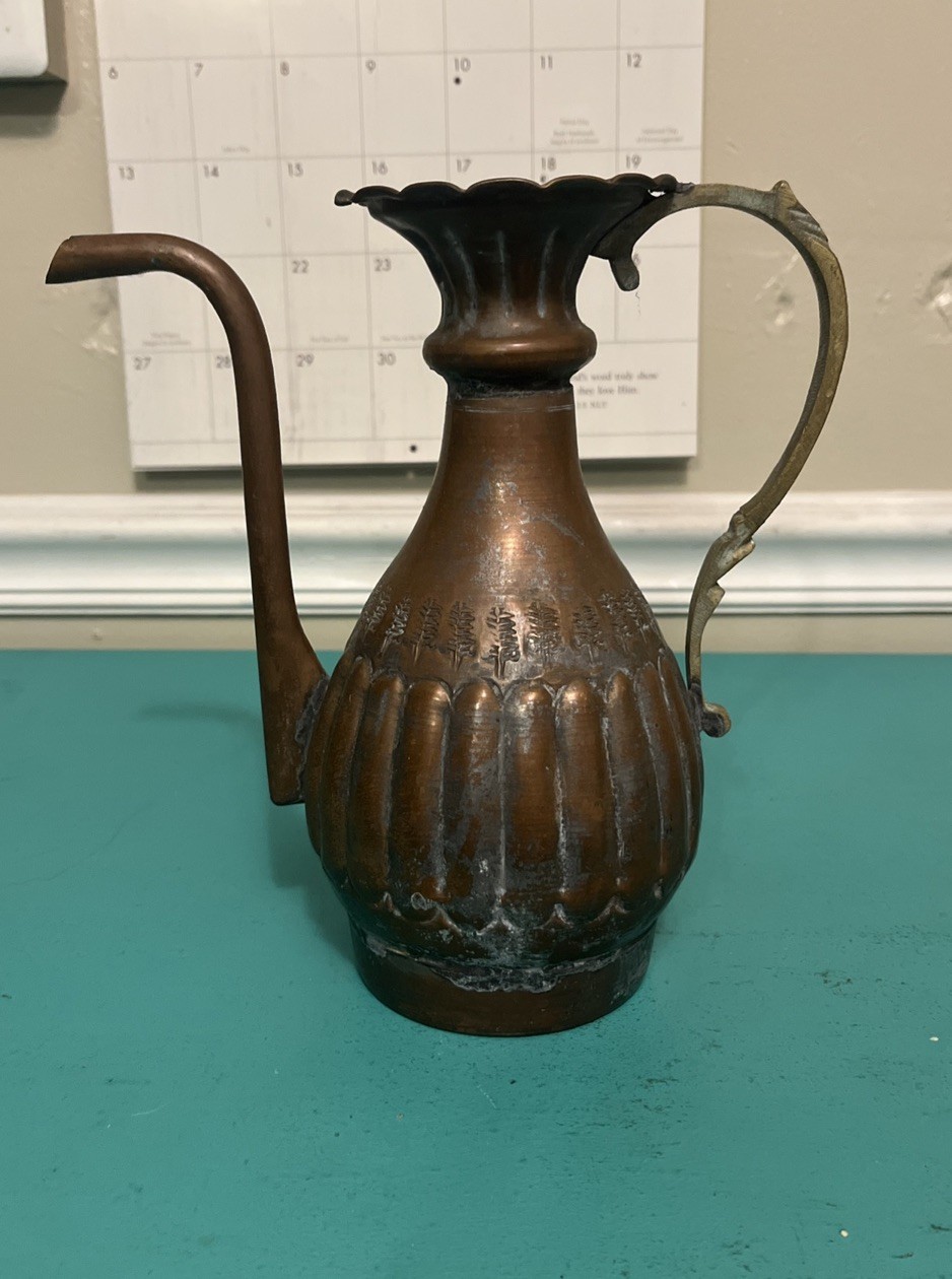 Handmade Copper Pitcher with Trees inlay Antique Middle Eastern Metalware Egypt Handmade Copper Pitcher with Trees inlay Antique Middle Eastern Metalware Egypt