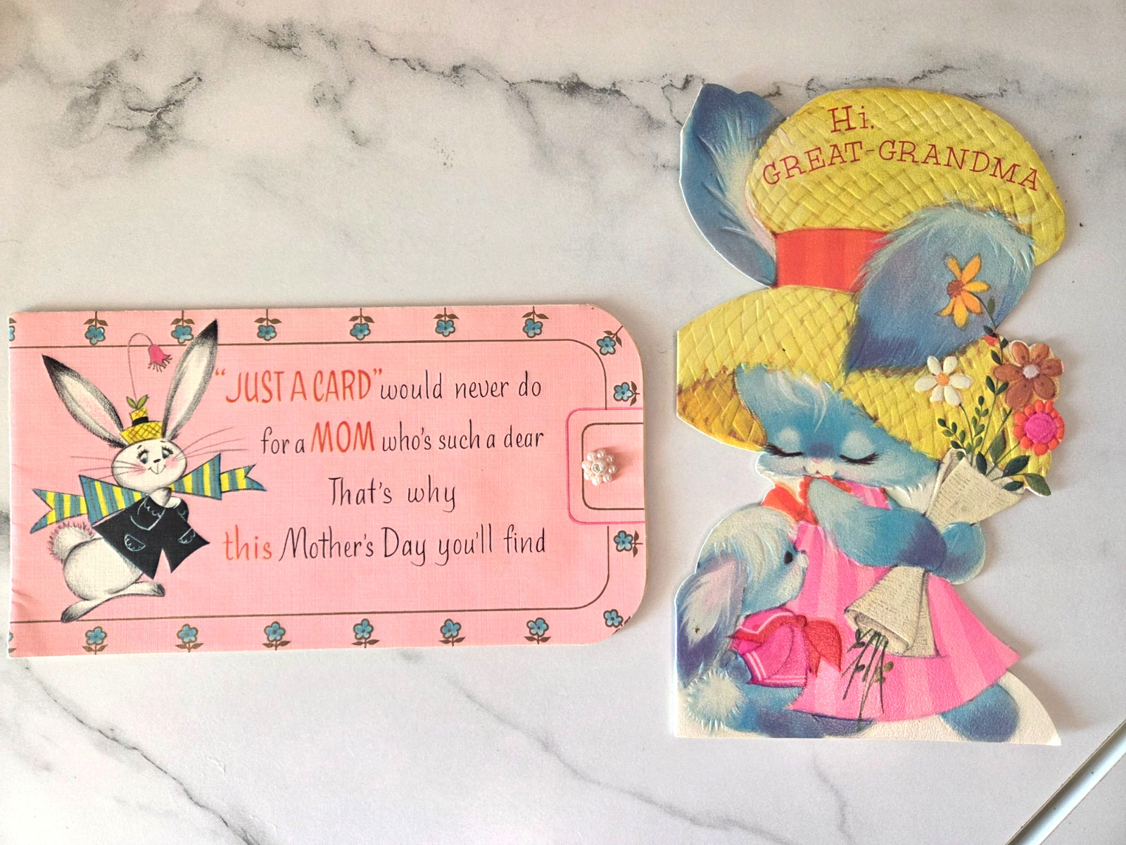 Lot of 2 vintage Mothers Day card and Happy Birthday Great grandma kitschy cute