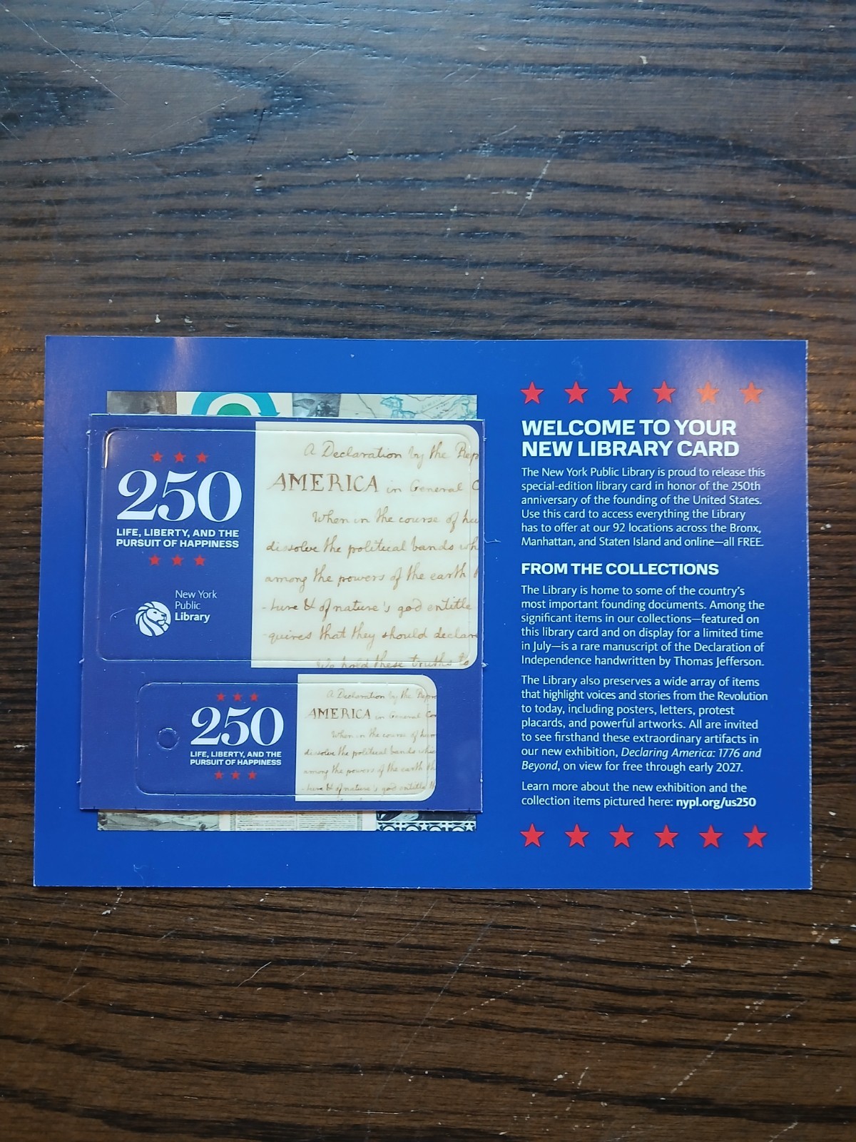 BRAND NEW ~ New York Public Library Card United States of America ~ 250 Years BRAND NEW ~ New York Public Library Card United States of America ~ 250 Years