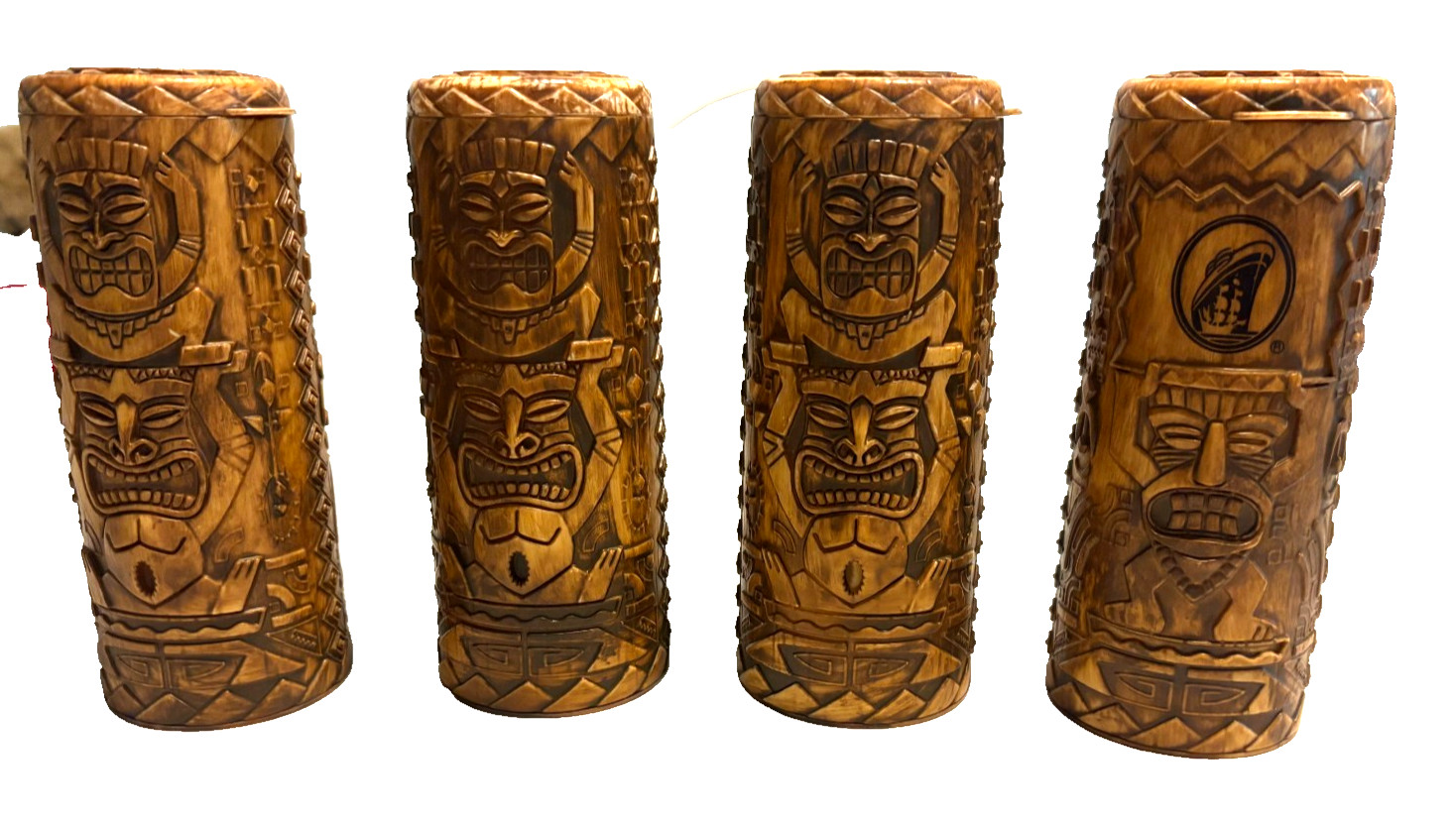 VINTAGE WHIRLEY DRINK WORKS TOTEM HAWAIIAN/ TIKI BAR CUPS WITH LIDS- SET OF 4 VINTAGE WHIRLEY DRINK WORKS TOTEM HAWAIIAN/ TIKI BAR CUPS WITH LIDS- SET OF 4