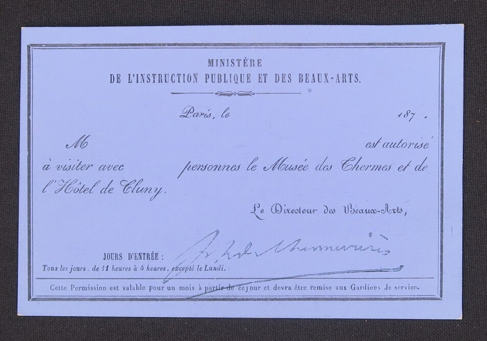Invitation card 1870 Musée des Thermes Hôtel de Cluny Ministry of Fine Arts Invitation card 1870 Musée des Thermes Hôtel de Cluny Ministry of Fine Arts