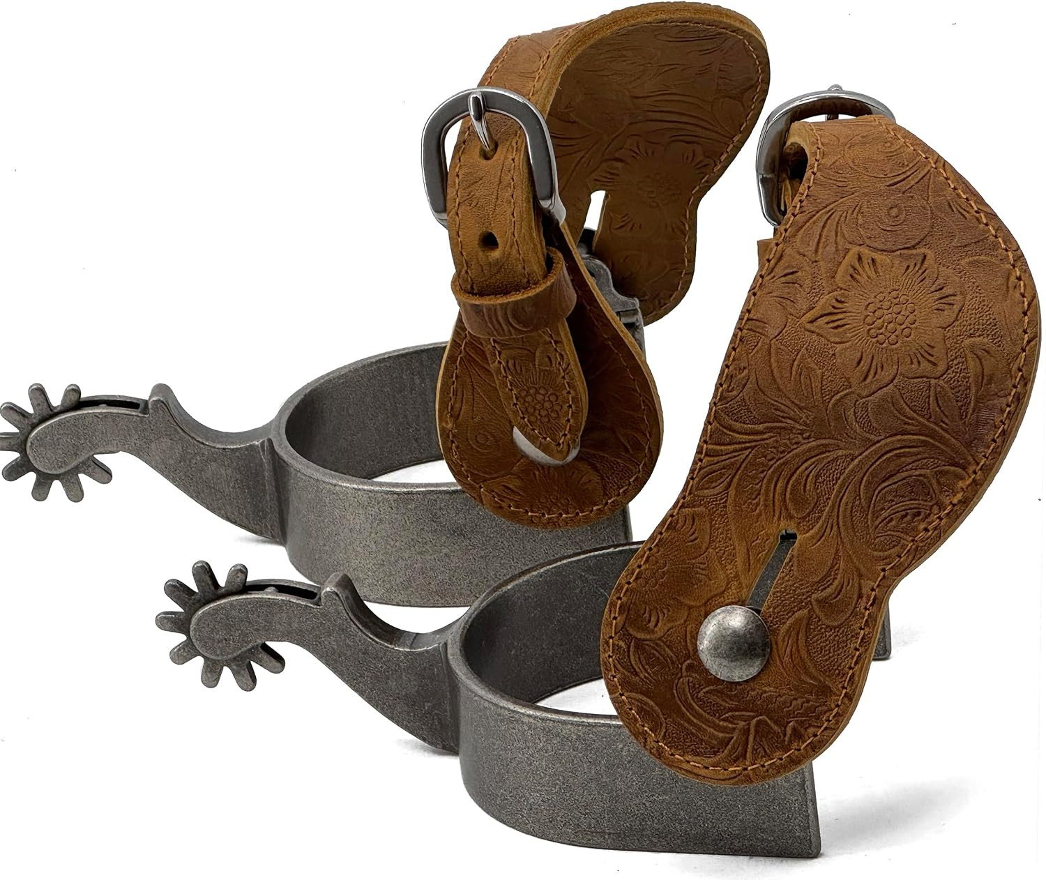 Men'S Western Cowboy Spurs with Spur Straps, Antique Silver Plated, Iron, 1" Ban
