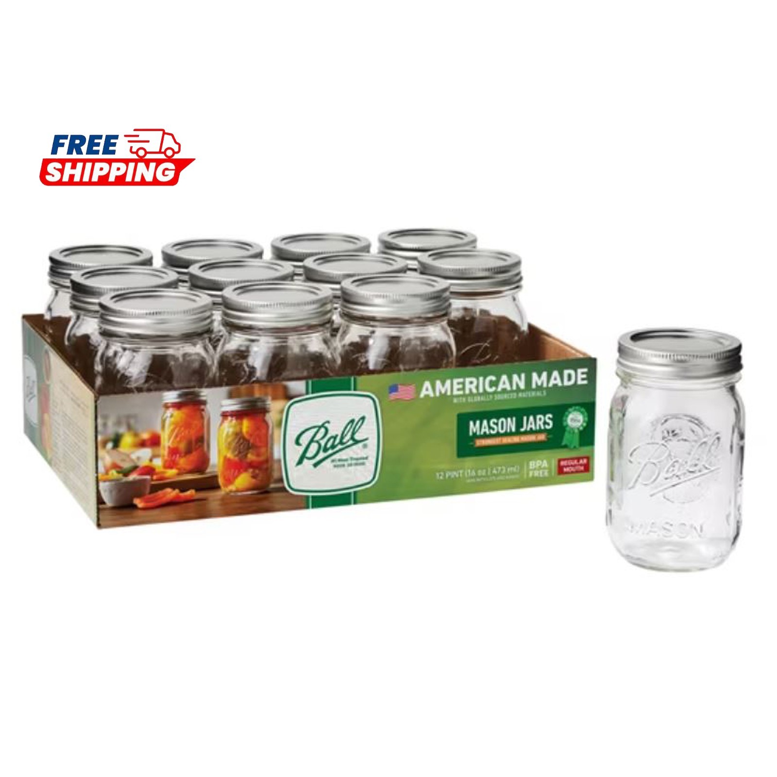 Ball Regular Mouth 16oz Pint Mason Jars with Lids & Bands, 12 Count Ball Regular Mouth 16oz Pint Mason Jars with Lids & Bands, 12 Count