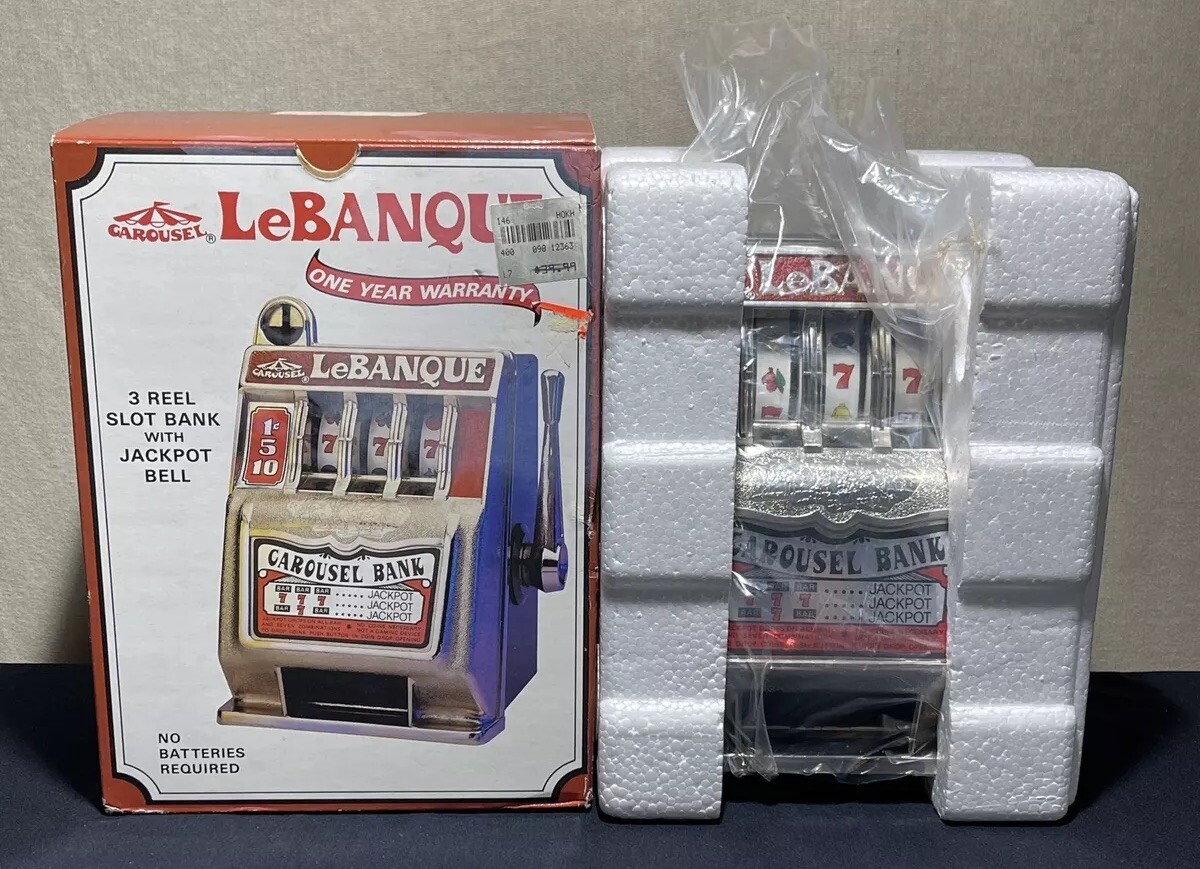 1986 Metal Carousel LeBANQUE 777 Slot Machine Coin Bank w/ Box Hong Kong 1986 Metal Carousel LeBANQUE 777 Slot Machine Coin Bank w/ Box Hong Kong