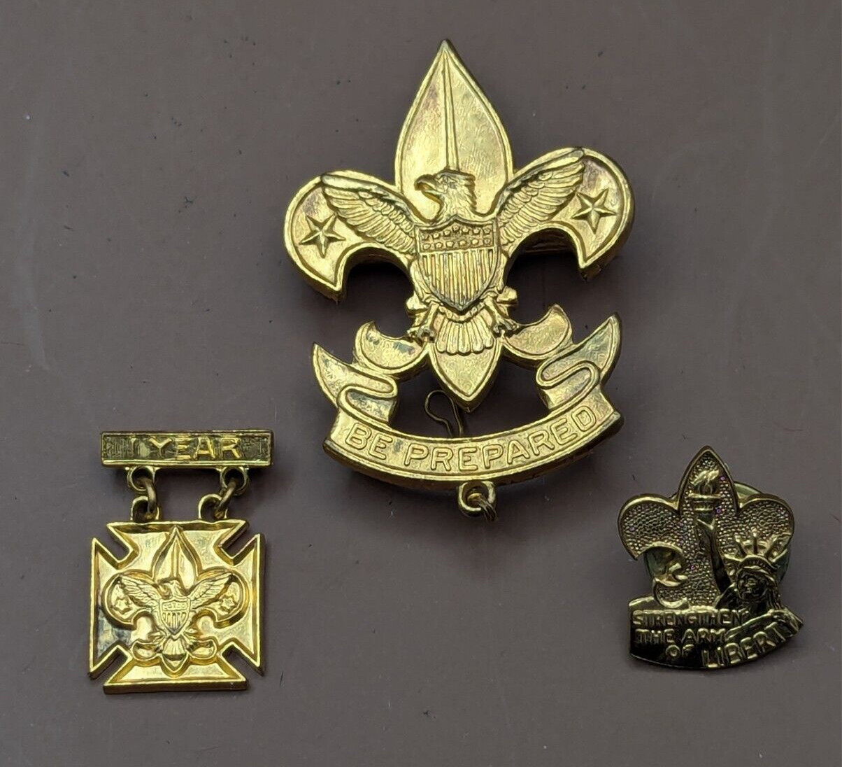 BS of A Boy Scouts Gold Tone Eagle Pin Pat 1911 Be Prepared Fleur de LOT 3 pcs