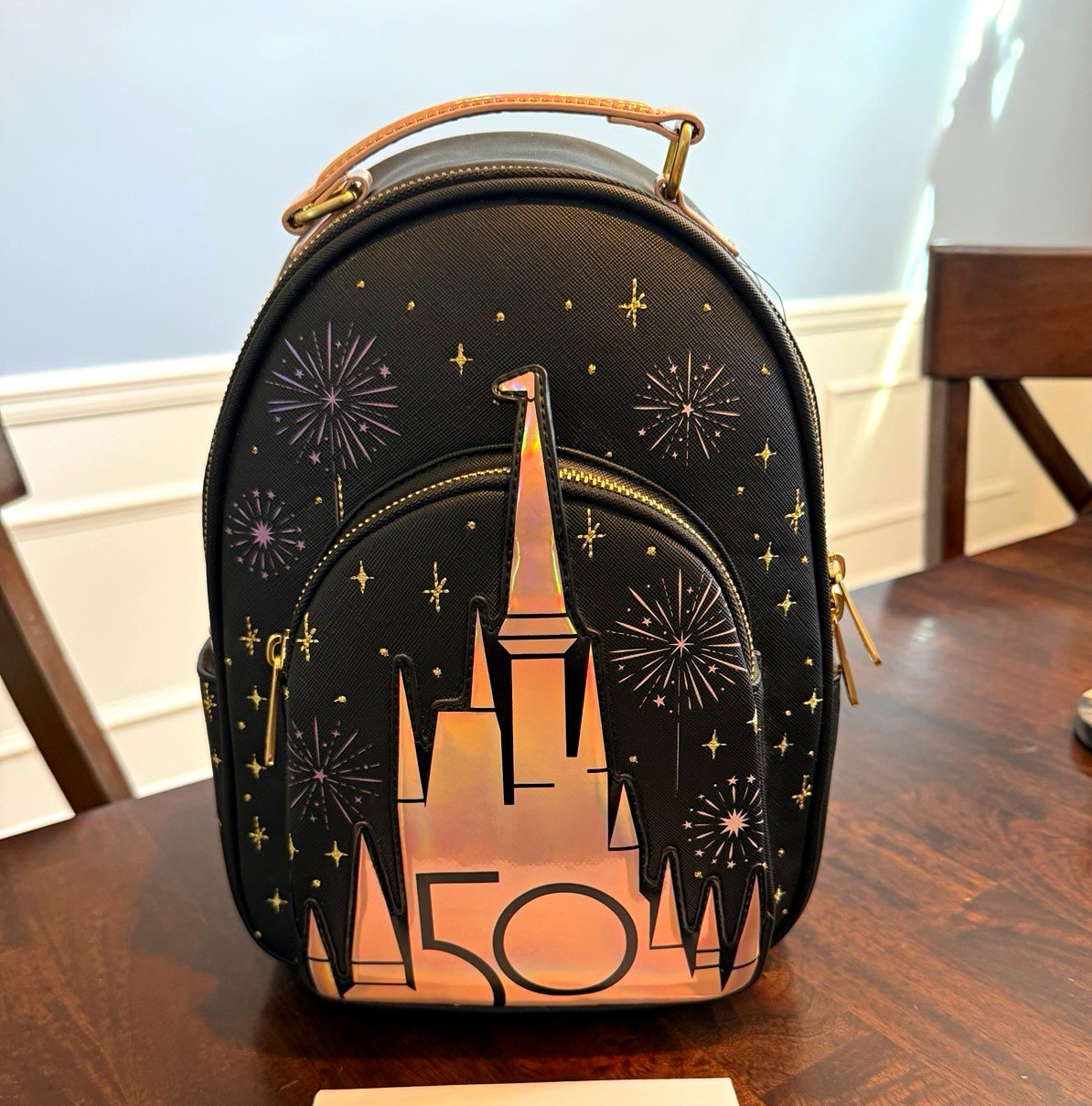 Disney Parks x Loungefly WDW 50th Anniversary Mini Backpack Black Gold Pink