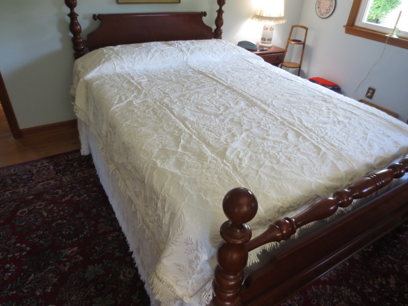 Elegant CREAM-ON-CREAM FLORAL Fringed MATELASSE BEDSPREAD  - 80" x 90" - Unused