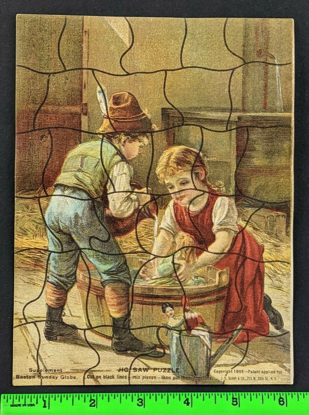 Vintage 1905 Boston Sunday Globe Girl Boy Toys Cut Out Paper Puzzle Trade Card