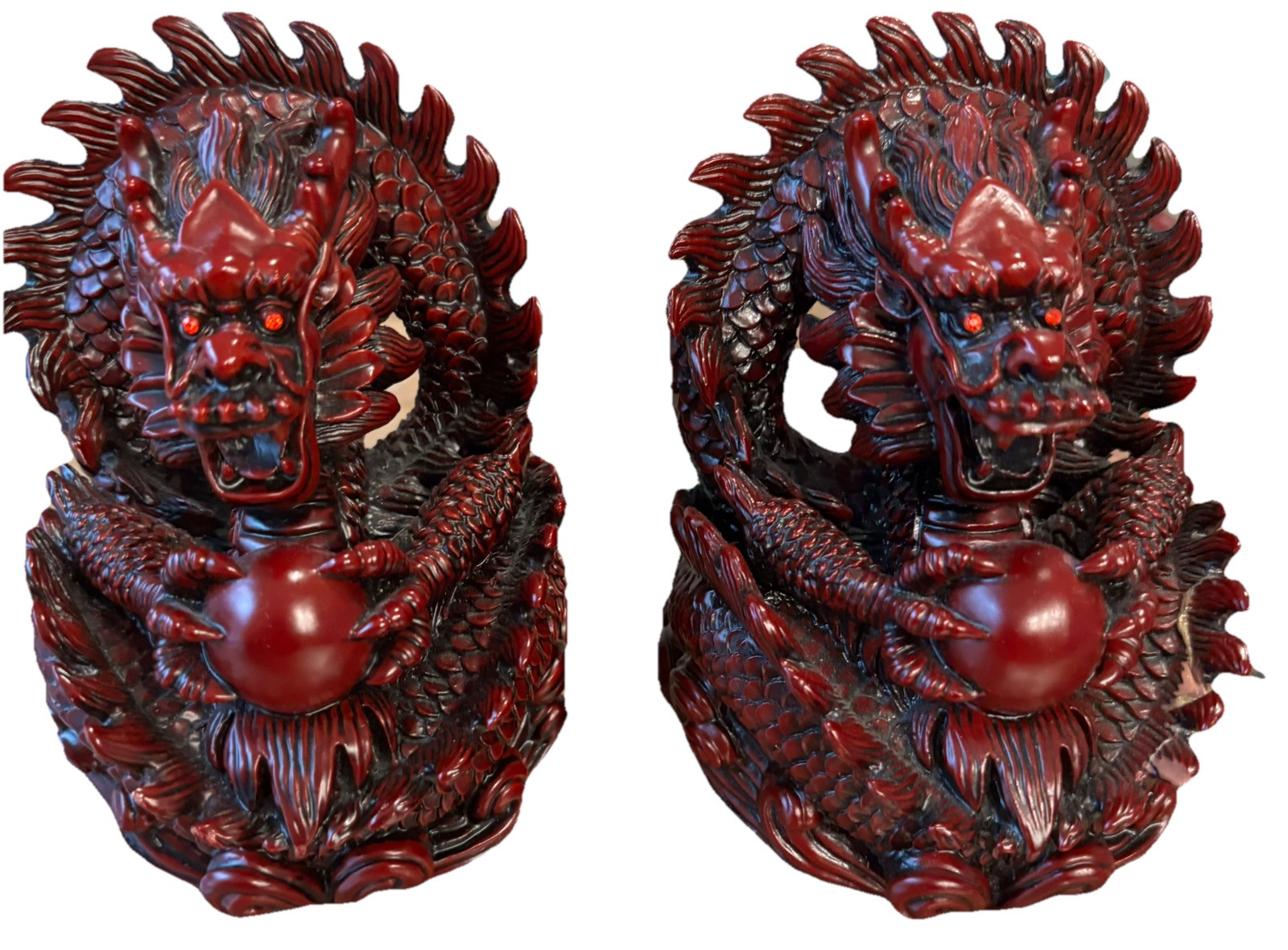 2 GORGEOUS VTG Red Cinnabar 6" Fiery Dragon Sculptures Or Bookends