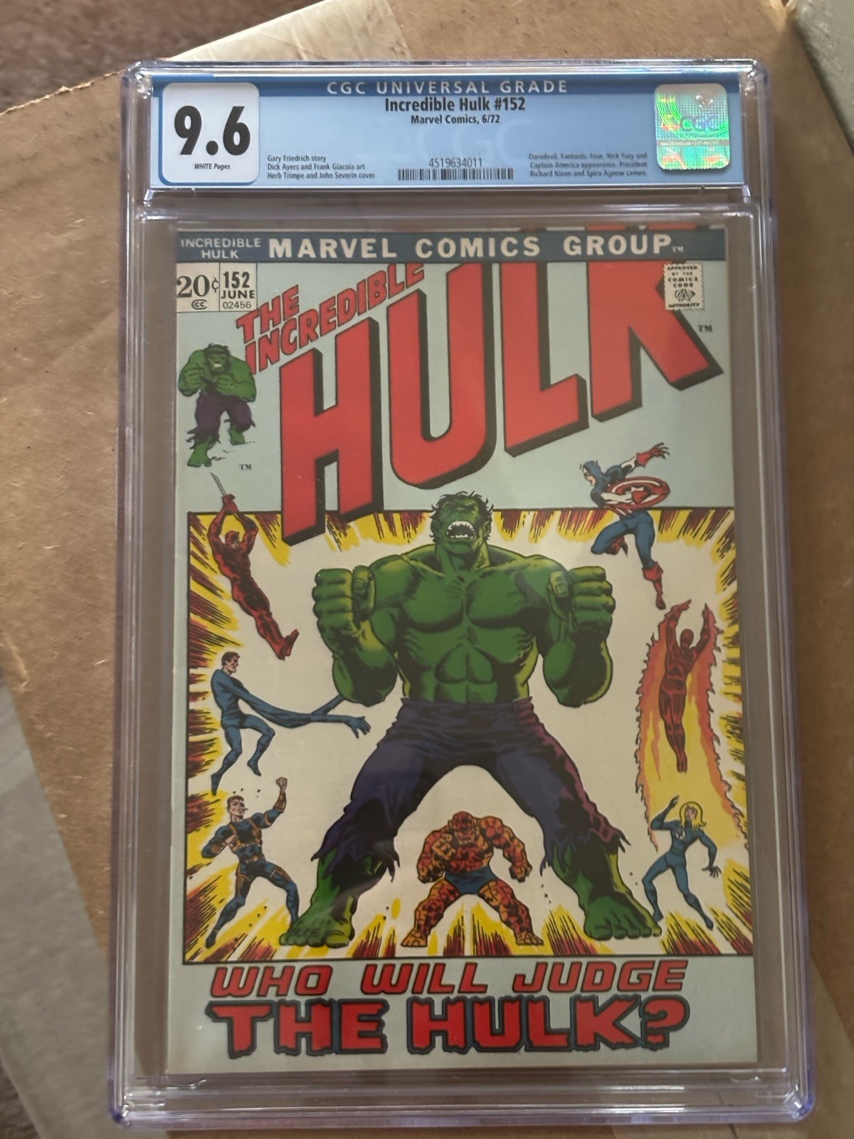 Incredible Hulk #152 CGC 9.6 White Marvel 1972 Classic Cover Incredible Hulk #152 CGC 9.6 White Marvel 1972 Classic Cover