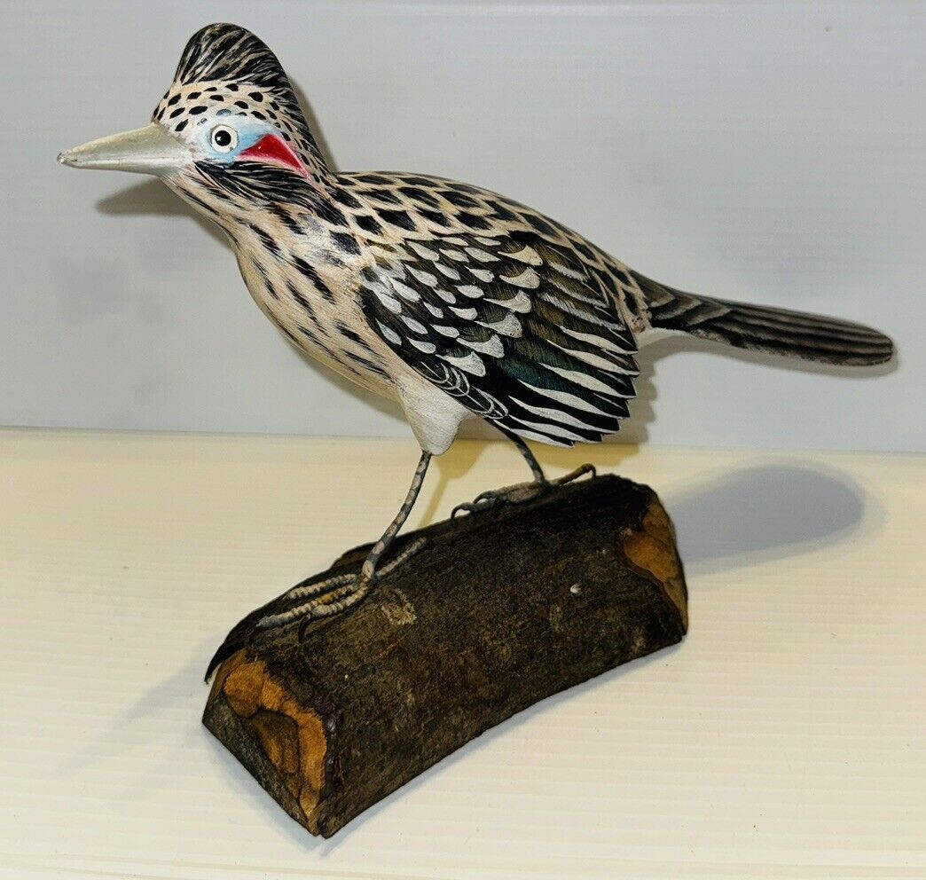 VTG Wood - Hand-Carved Hand-Painted Roadrunner Bird on Driftwood  Figurine- 10”L