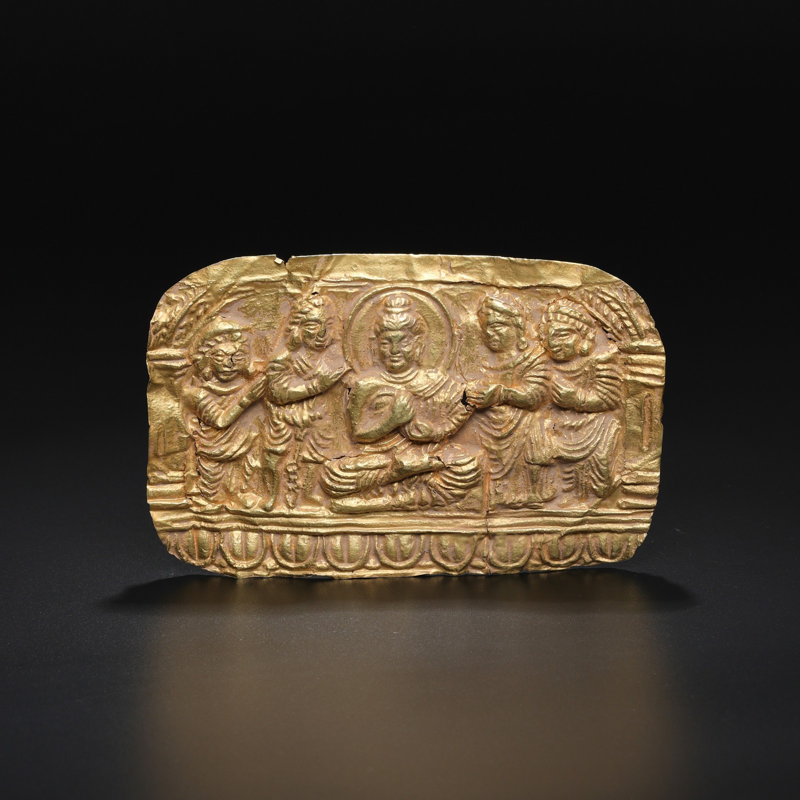 Antique Himalayan Indo-Greek Gold Plaque of Buddha in Meditation with Attendant