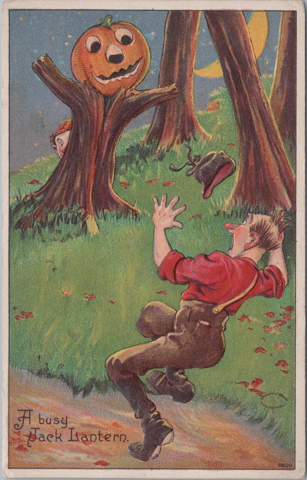 Antique Embossed Halloween Postcard- Jack O Lantern Scares Man Antique Embossed Halloween Postcard- Jack O Lantern Scares Man