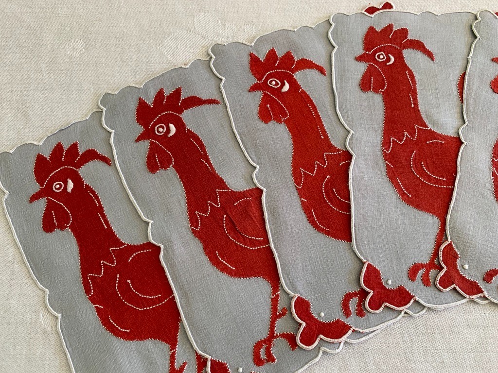 Vintage Cocktail Napkins Madeira Embroidered Rooster Large Applique Set of 8 Vintage Cocktail Napkins Madeira Embroidered Rooster Large Applique Set of 8