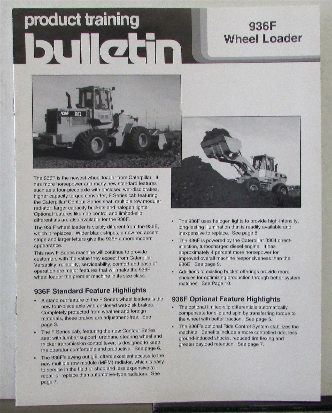 1992 Caterpillar 936F Loader Construction Product Training Bulletin 1992 Caterpillar 936F Loader Construction Product Training Bulletin