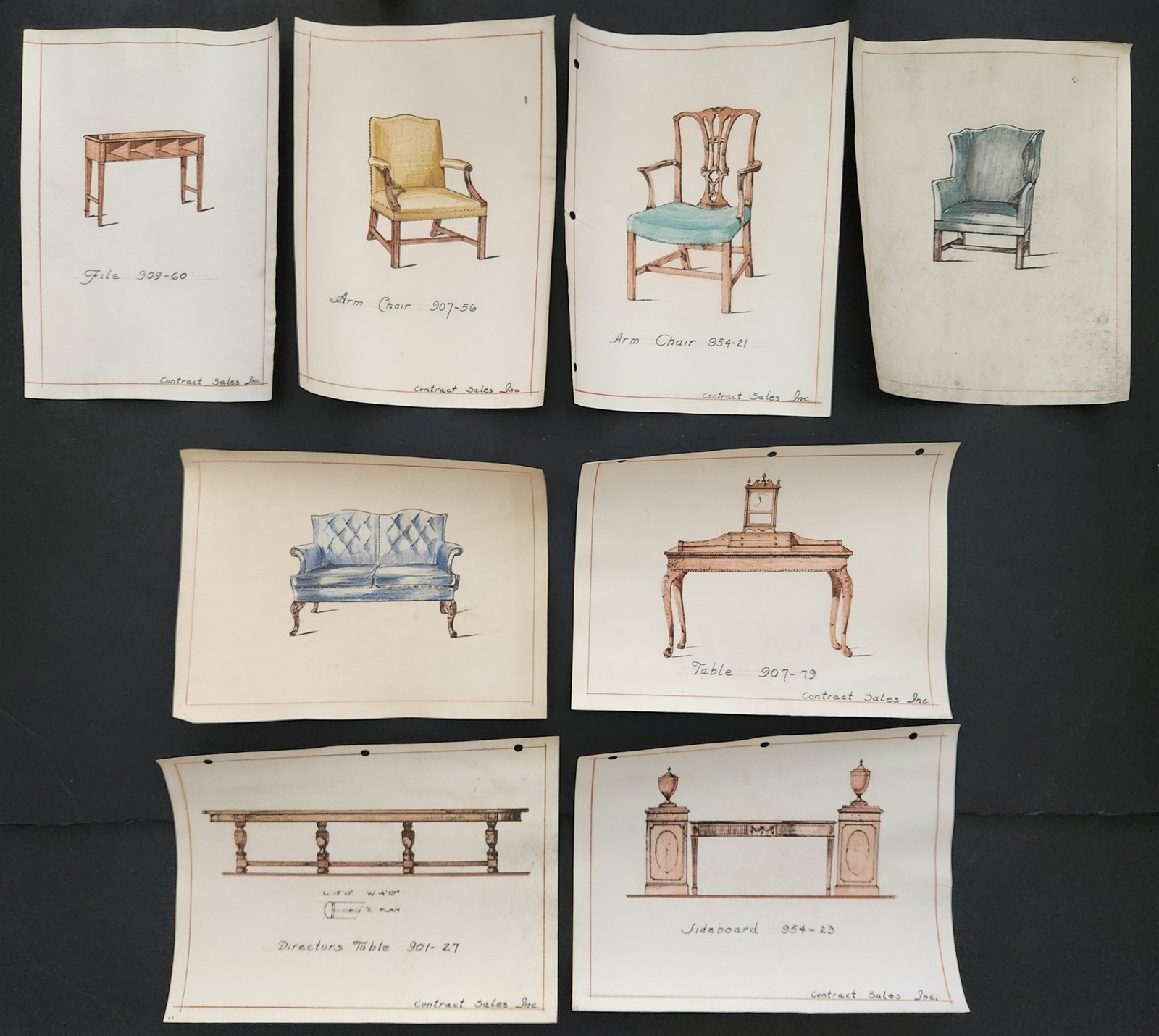 1940s antique FURNITURE DESIGN SKETCH PRINTS 8pc hand-colored art CONTRACT SALES 1940s antique FURNITURE DESIGN SKETCH PRINTS 8pc hand-colored art CONTRACT SALES