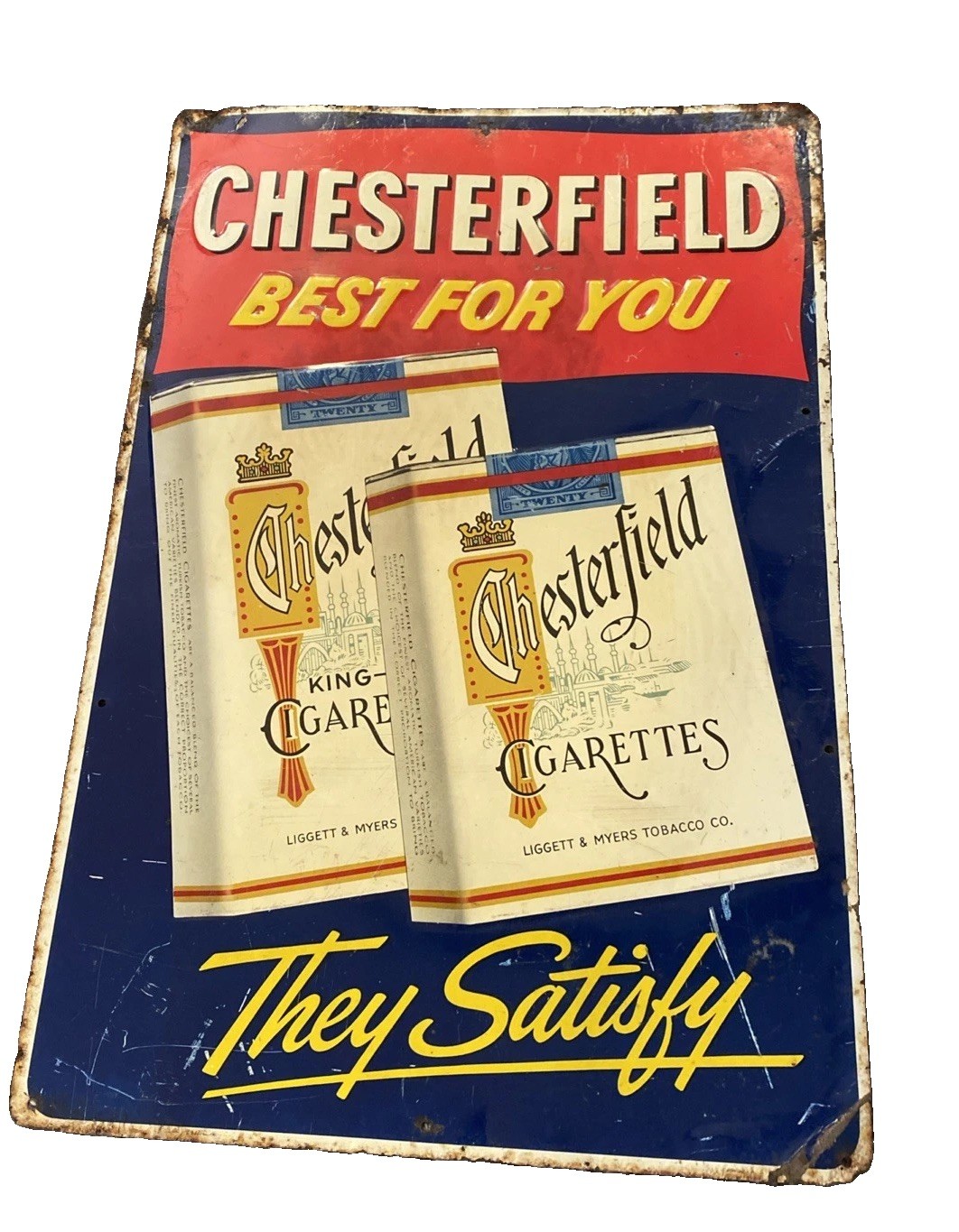 Vintage Chesterfield Cigarette Metal Sign 1950s Embossed Tobacco Advertising Vintage Chesterfield Cigarette Metal Sign 1950s Embossed Tobacco Advertising