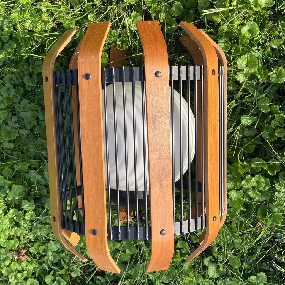 Mid Century Teak Hanging Cage Pendant Lamp in STUNNING condition