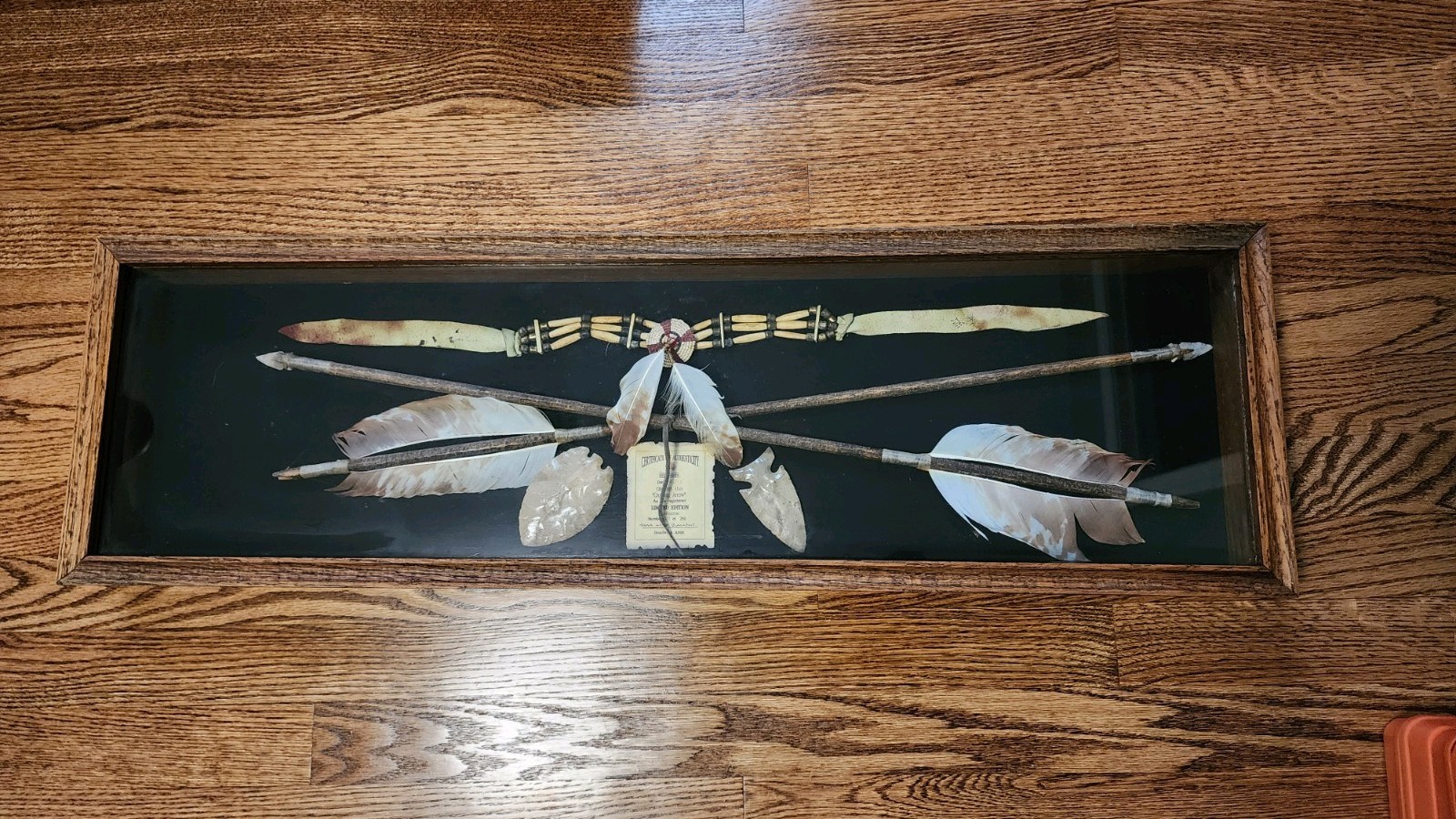 Native American Arrowhead Arrows And Bead Shadowbox Signed Native American Arrowhead Arrows And Bead Shadowbox Signed