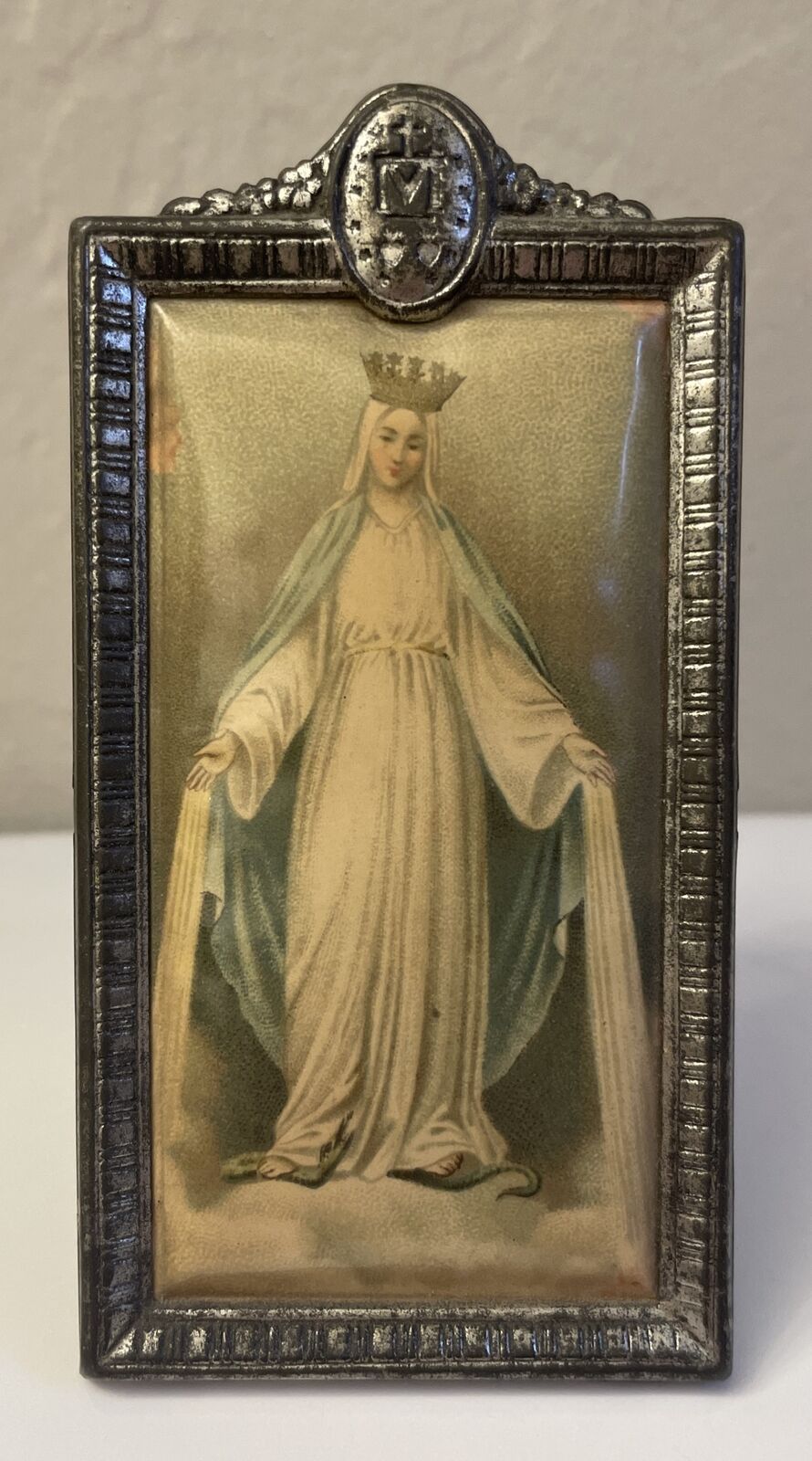 Vintage Mini Framed Madonna Icon Virgin Mother Mary W/Crown & Snake At Her Feet