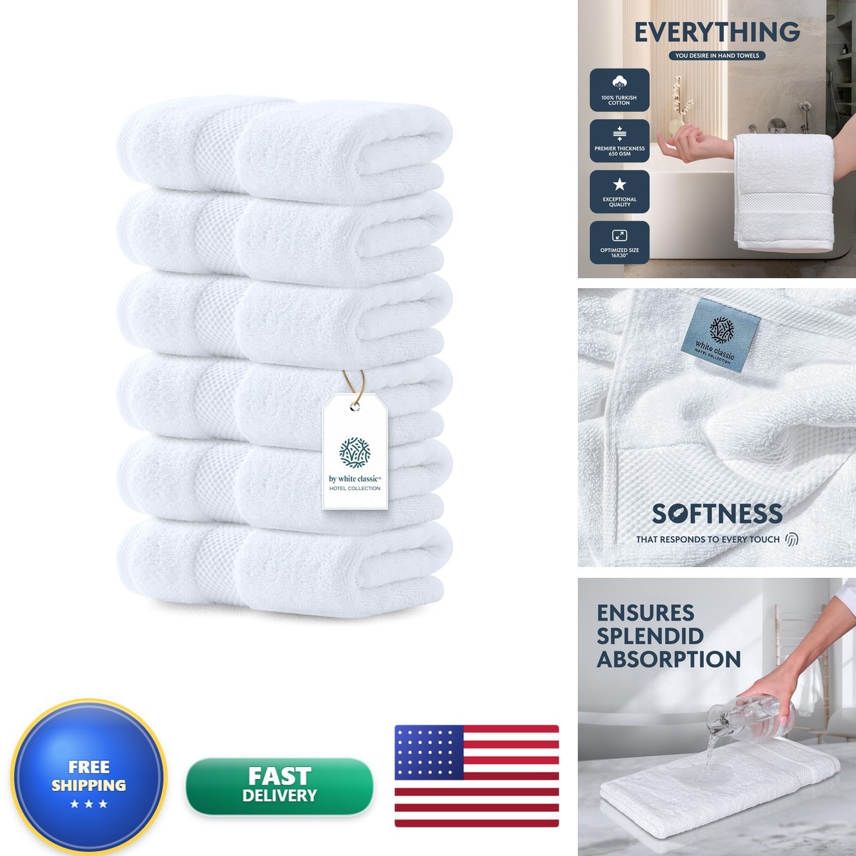 White Classic Luxury White Hand Towels - 100% Turkish Cotton, 16x30, 6 Pack White Classic Luxury White Hand Towels - 100% Turkish Cotton, 16x30, 6 Pack