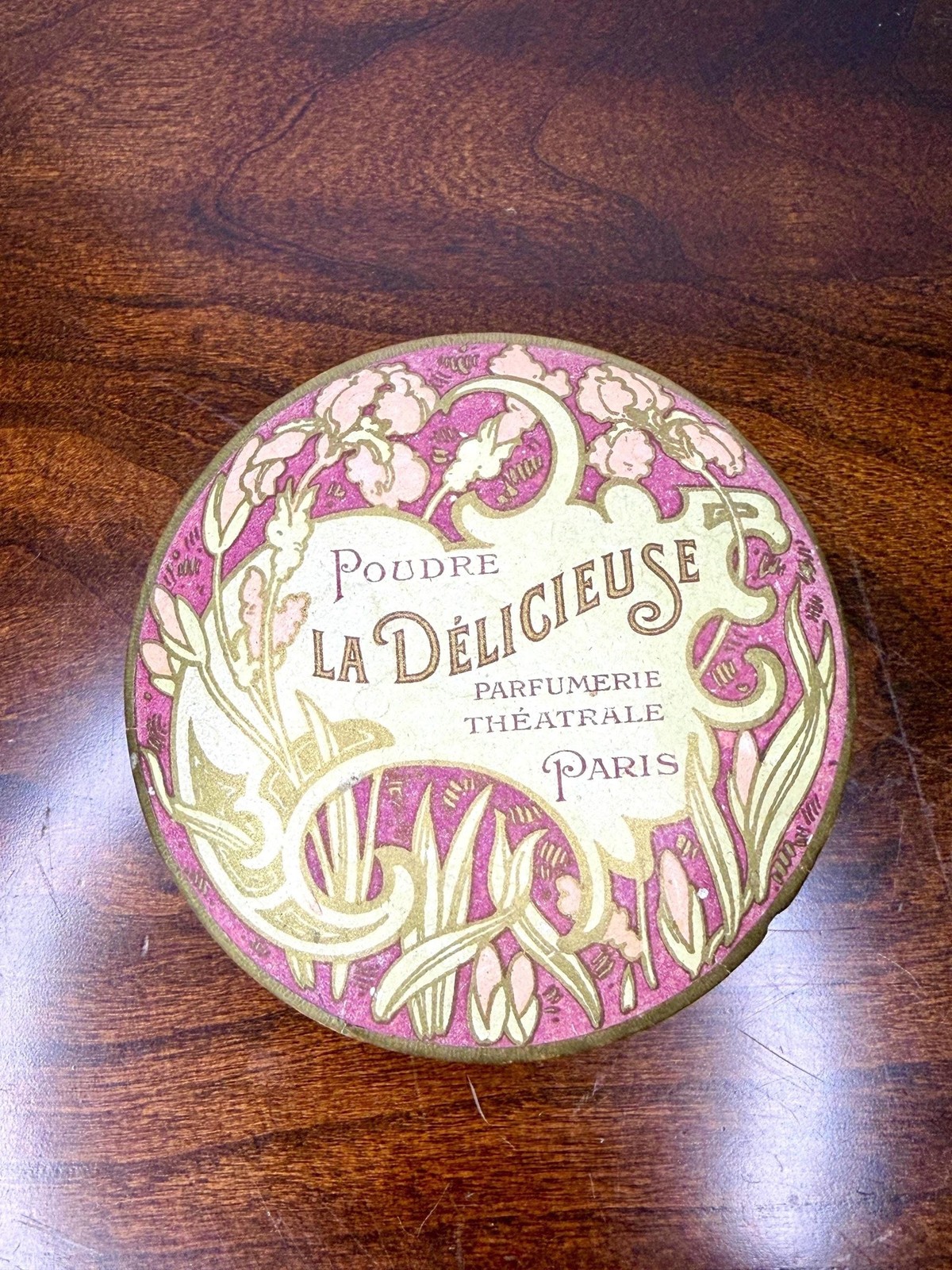 RARE Antique Powder Box Art Nouveau Paris Purple Pink Gold Vanity Decor RARE Antique Powder Box Art Nouveau Paris Purple Pink Gold Vanity Decor