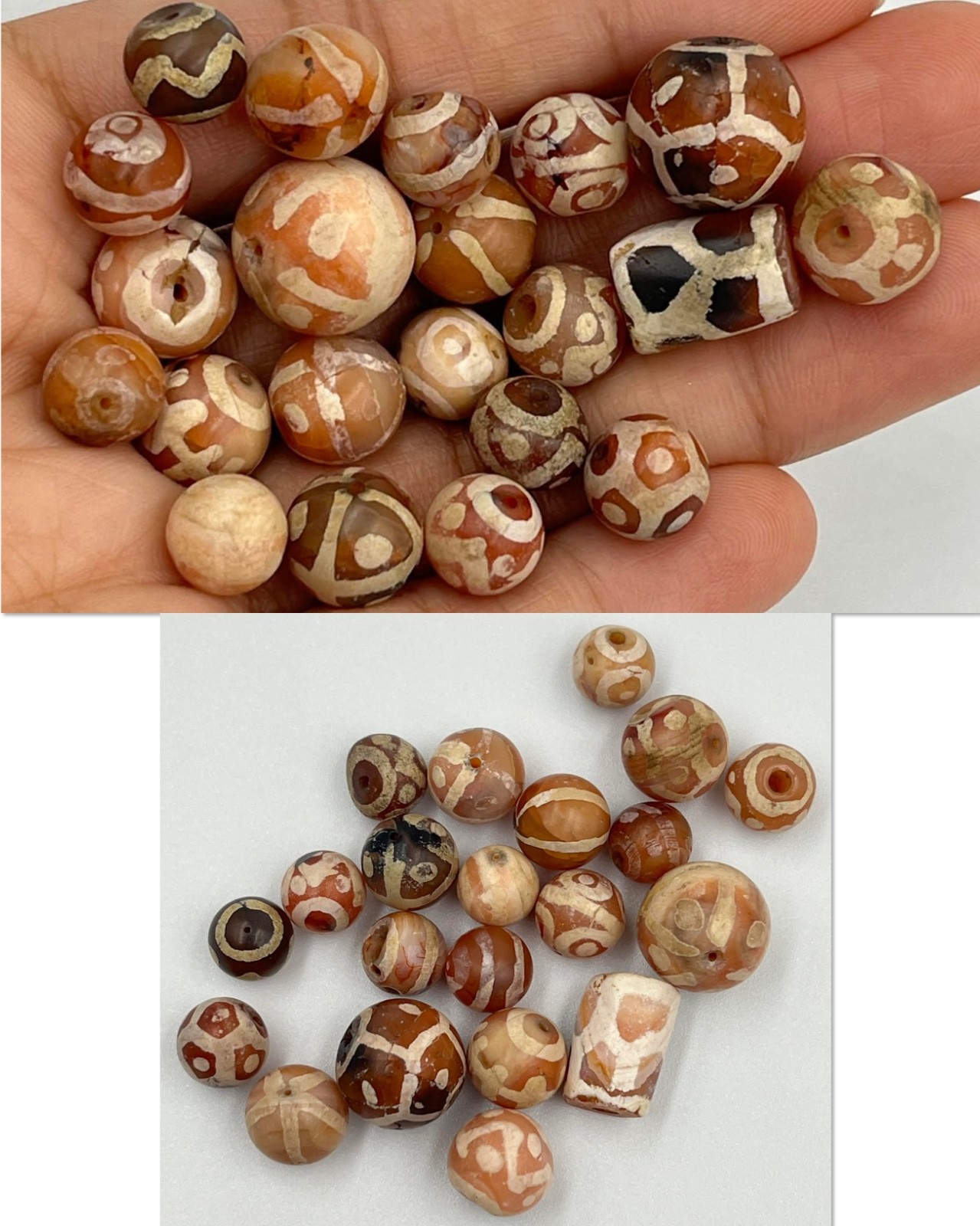 22 Genuine Ancient Near Eastern Etched Carnelian Bead Lot in good Condition 22 Genuine Ancient Near Eastern Etched Carnelian Bead Lot in good Condition
