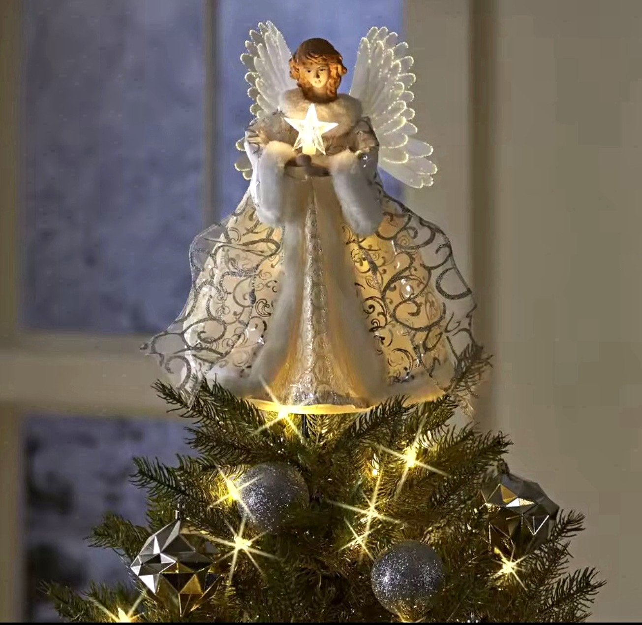 Angel Christmas Tree Topper Decoration, LED Light Up, White/Silver, 25 cm
