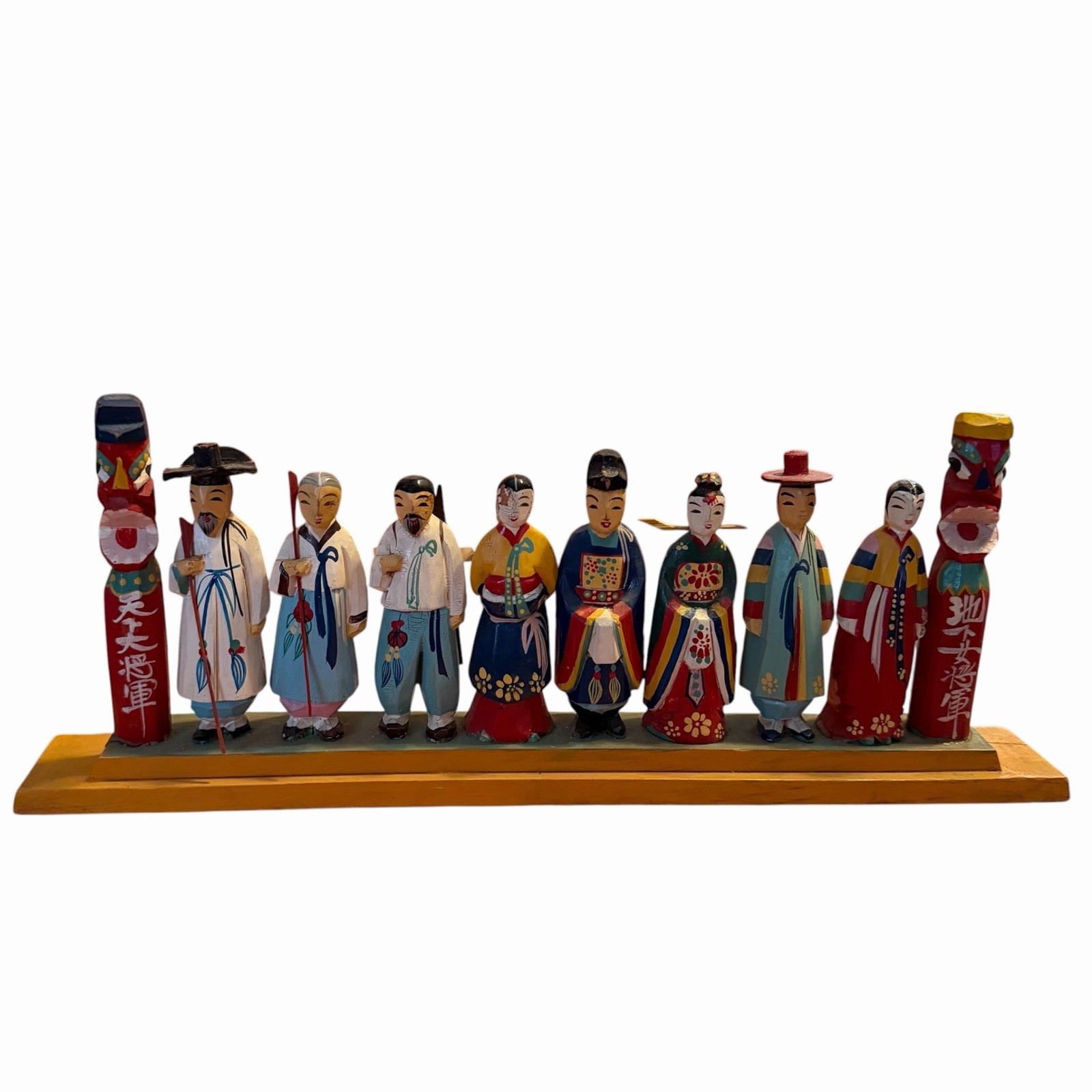 VTG Korean Wood Carved Totem Figurine Set Hand Painted Hanbok Dolls Totem 12.5" VTG Korean Wood Carved Totem Figurine Set Hand Painted Hanbok Dolls Totem 12.5"