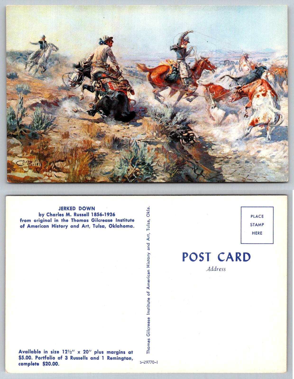 Charles M. Russell Jerked Down Cowboys Roping Cattle Western Art Postcard Charles M. Russell Jerked Down Cowboys Roping Cattle Western Art Postcard