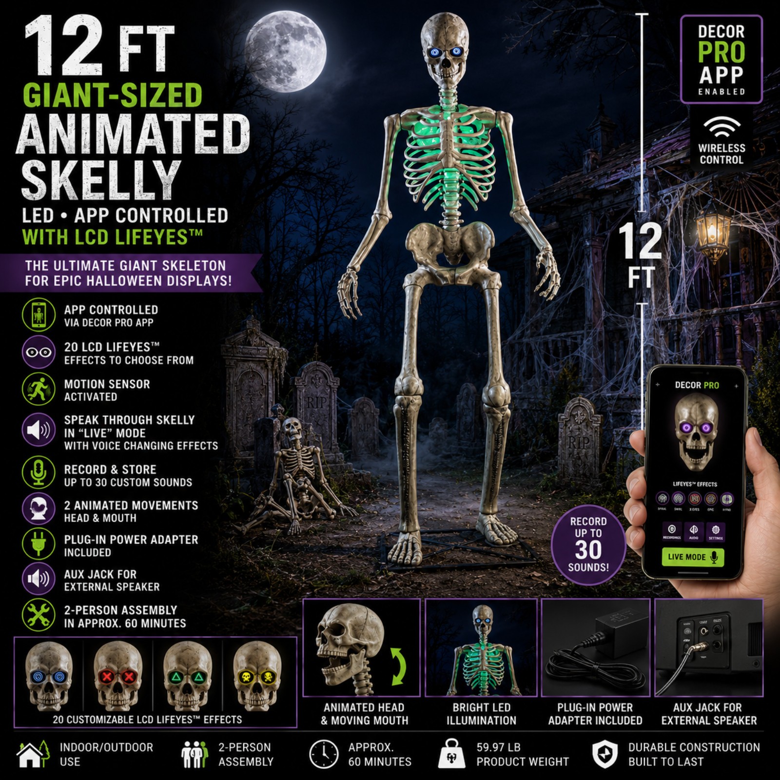 12FT Animated LED Skelly Halloween Skeleton App Controlled LifeEyes Yard Decor 12FT Animated LED Skelly Halloween Skeleton App Controlled LifeEyes Yard Decor