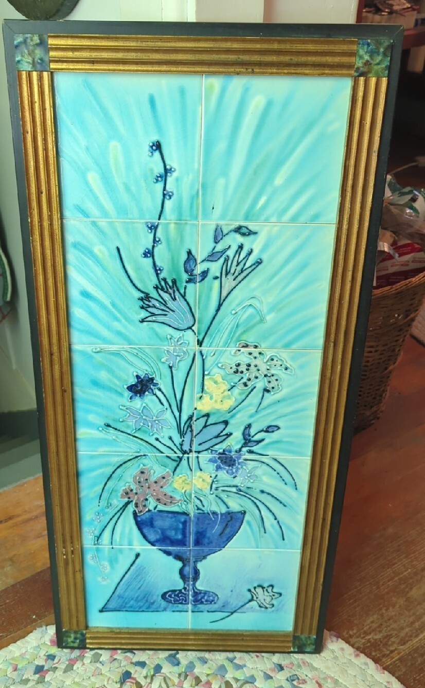 Vintage Large Tiles Floral Hanging Wall Art Wooden Frame Gorgeous 34" X 15.5"