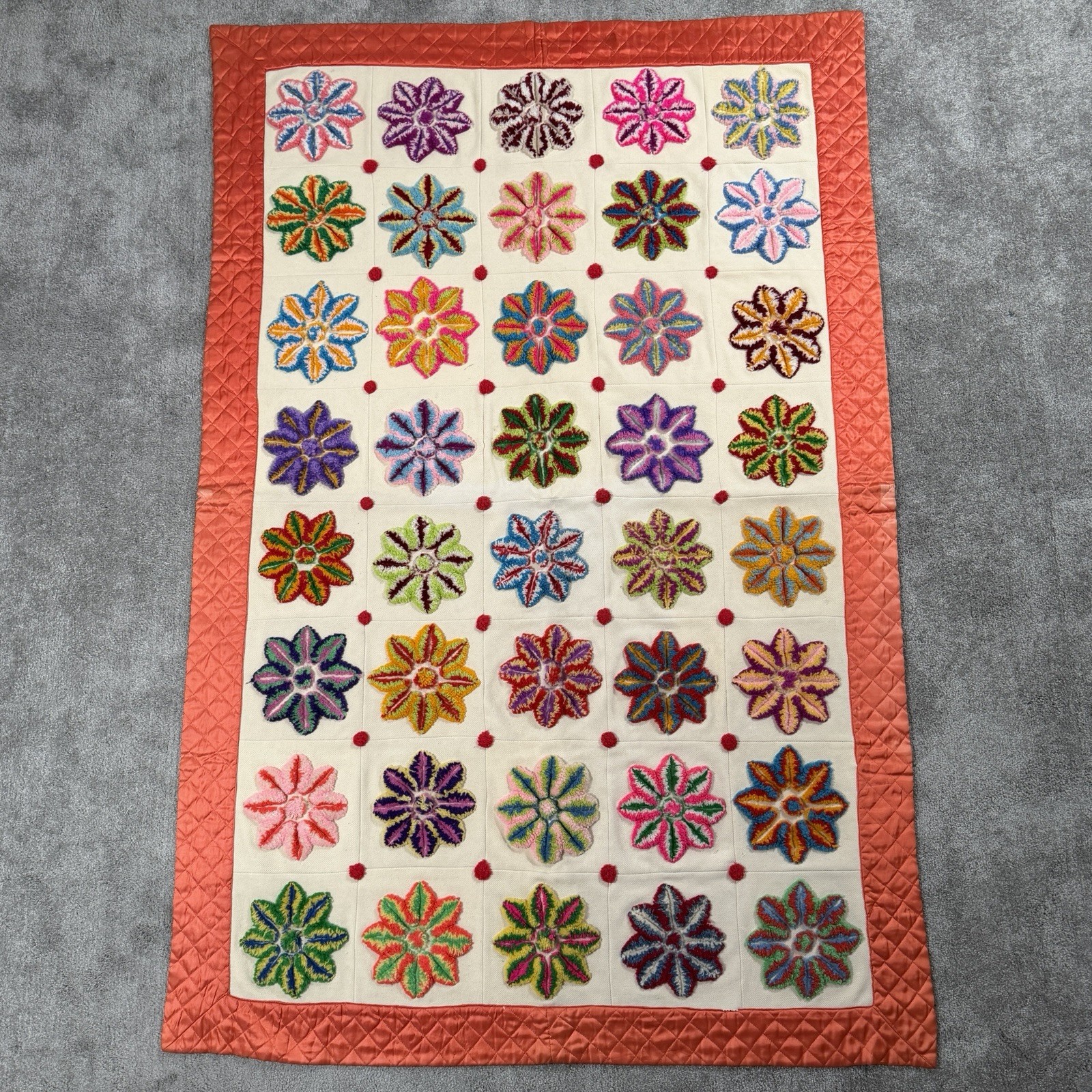 VTG Handmade Tufted Floral Quilt 80x52.5 3D Folk Art Colorful Heavy Throw - Read VTG Handmade Tufted Floral Quilt 80x52.5 3D Folk Art Colorful Heavy Throw - Read