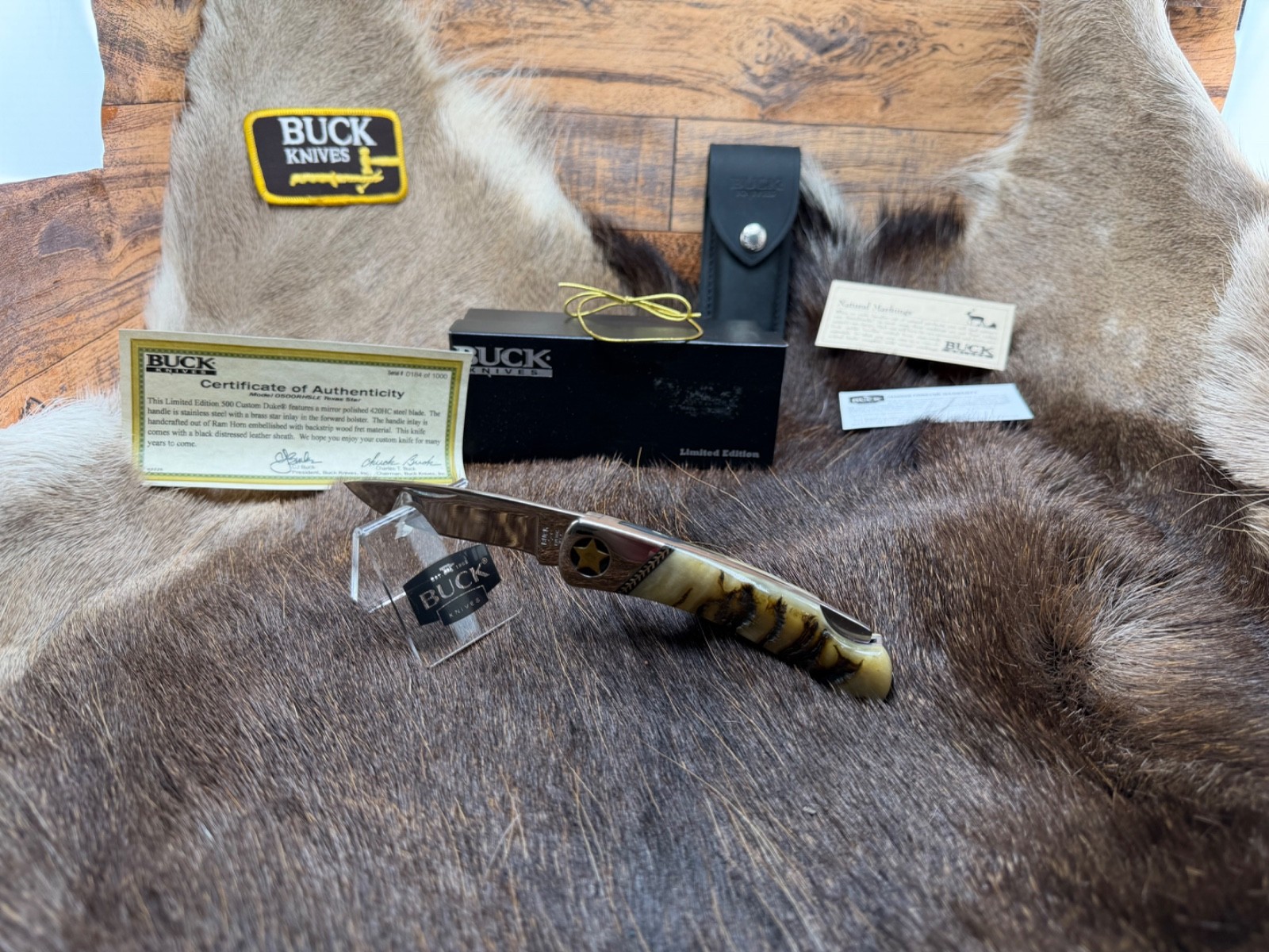 2008 Buck Duke "B500-RHSLE-B" Rams Horn Handle With Leather Sheath Mint Rare A 2008 Buck Duke "B500-RHSLE-B" Rams Horn Handle With Leather Sheath Mint Rare A