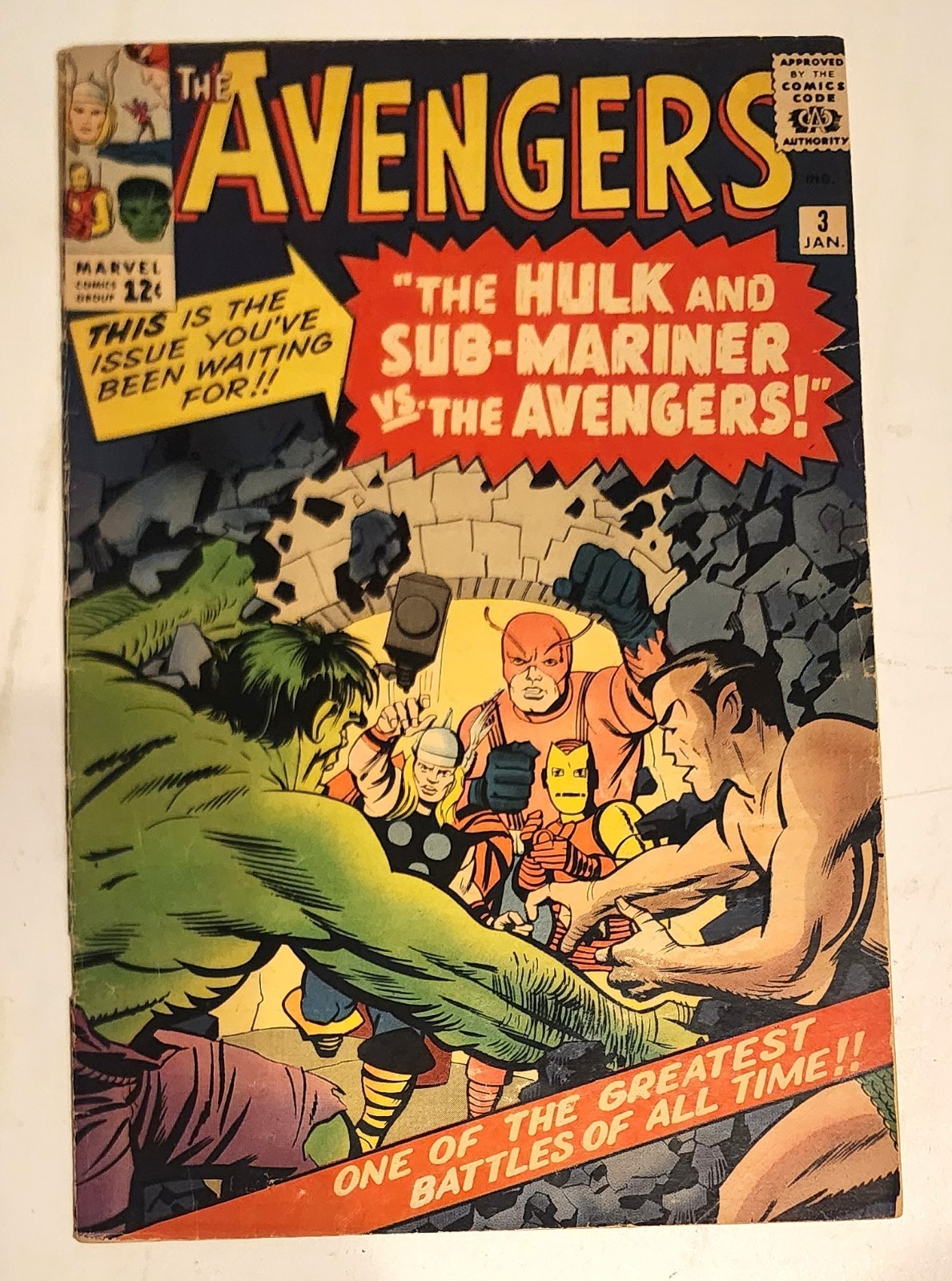 AVENGERS #3 HULK NAMOR BATTLE COVER MAYBE 5.0 KIRBY CLASSIC 1964 AVENGERS #3 HULK NAMOR BATTLE COVER MAYBE 5.0 KIRBY CLASSIC 1964