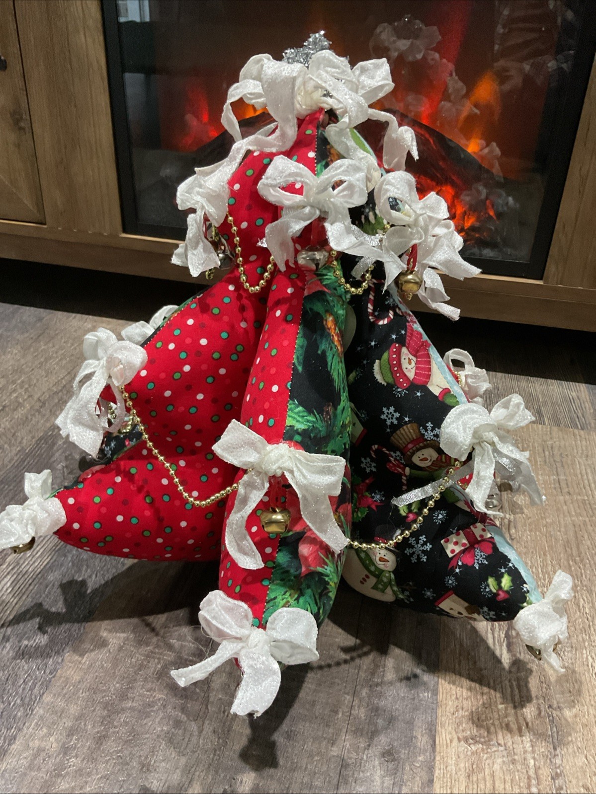 Vintage  13” Christmas Tree Handmade Stuffed Tabletop Plush Fabric Bows Bells