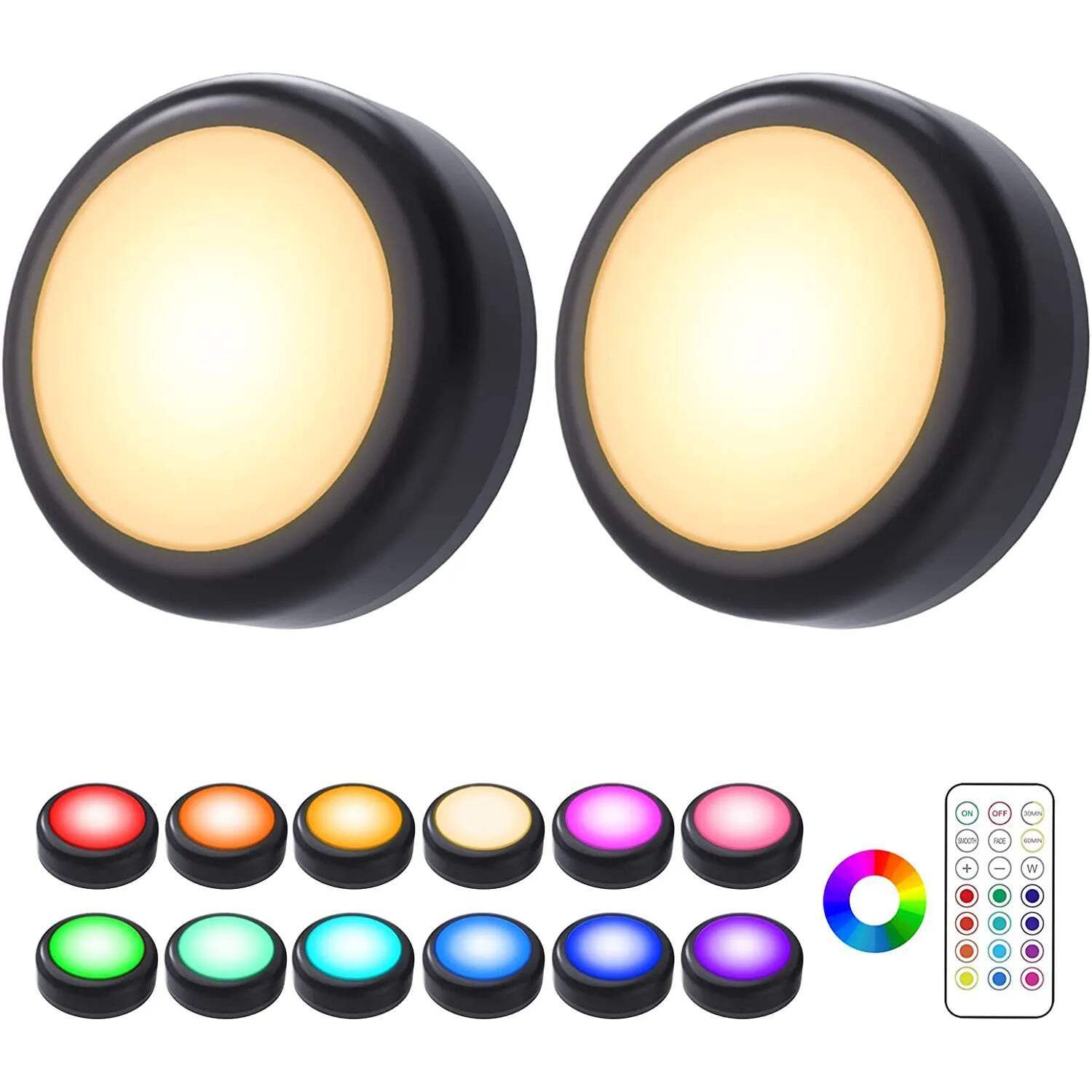 RGBW Dimmable LED Puck Lights with Remote - Wireless Under Cabinet Lighting for